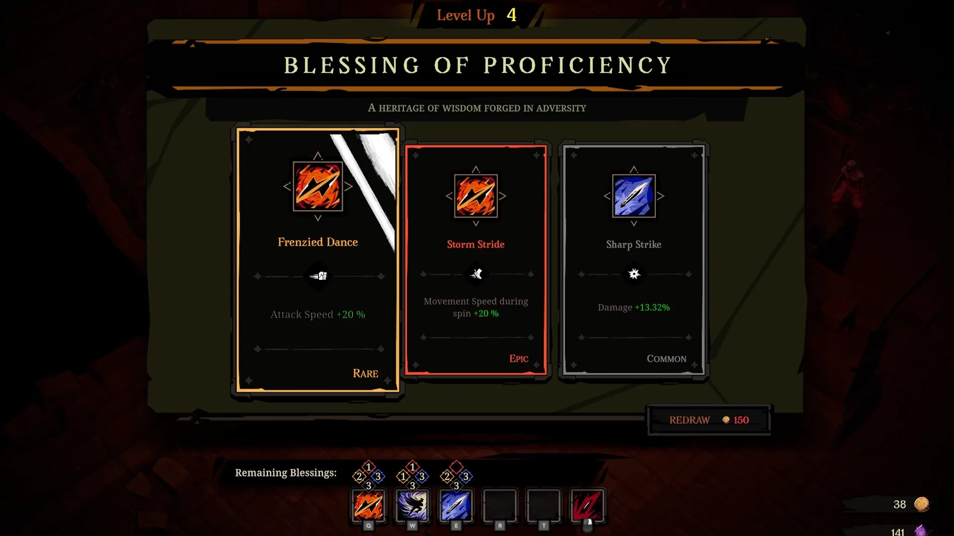 Hell Clock: Blessing of Proficiency selection with options Frenzied Dance, Storm Stride, Sharp Strike.