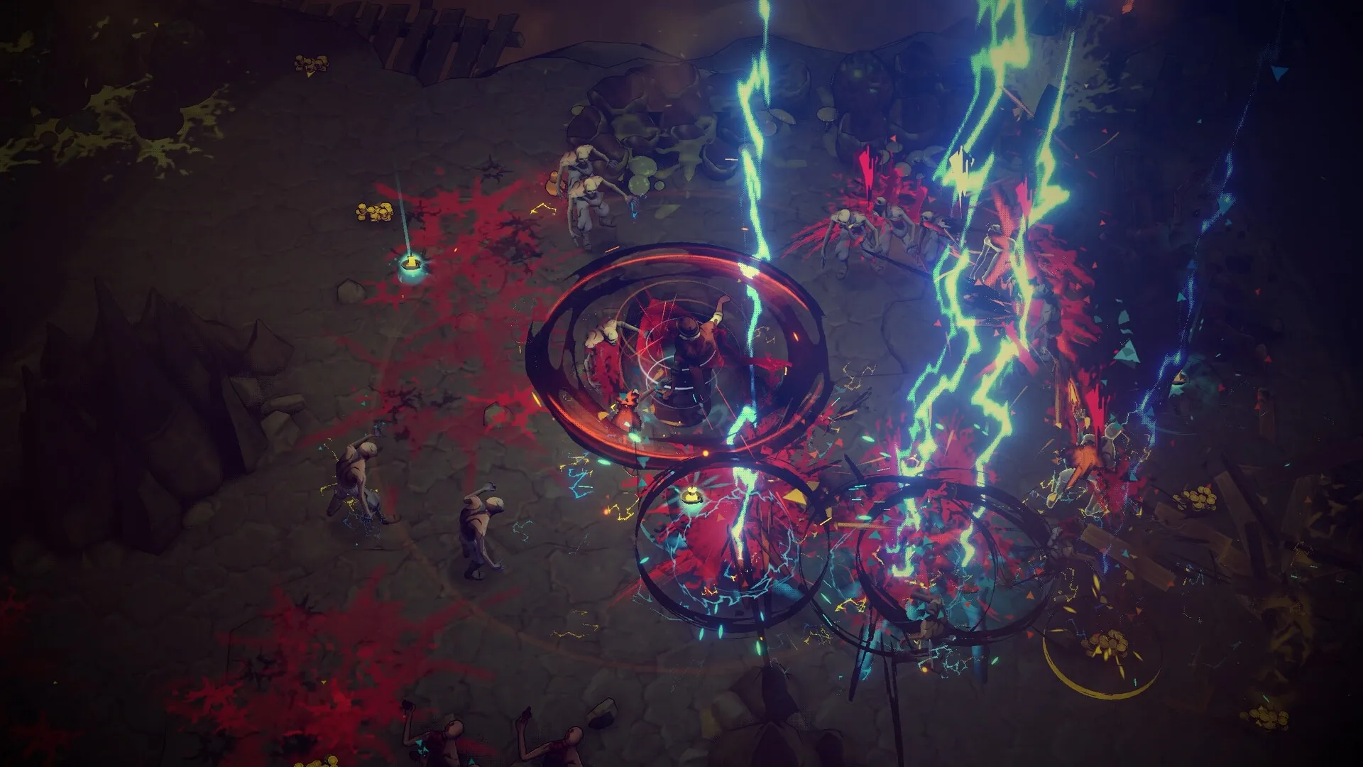 Hell Clock: Intense combat with lightning strikes and enemies in a dark, blood-soaked dungeon setting.