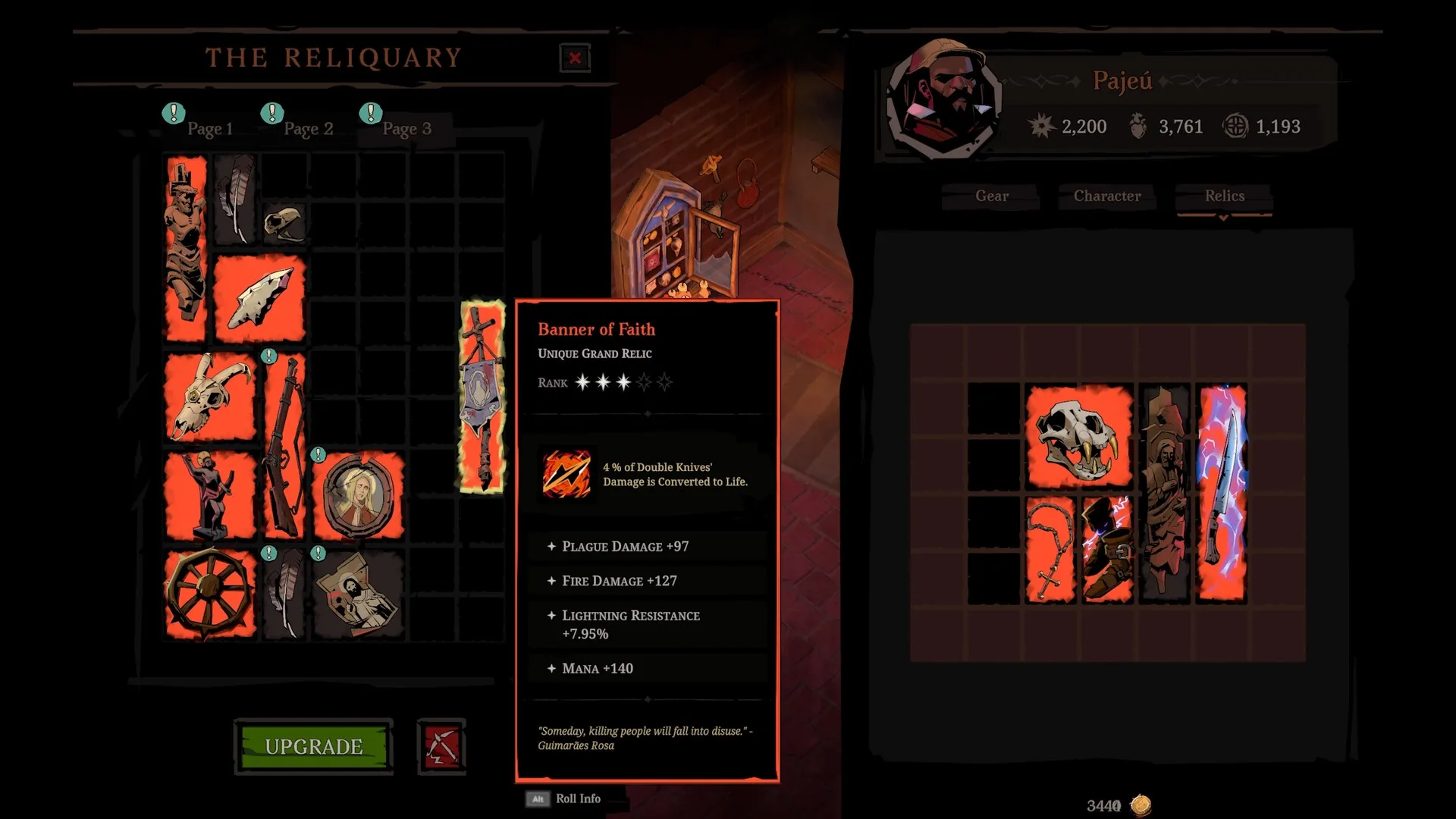 Hell Clock: Inventory screen displaying relics and character stats in a dimly lit room environment.