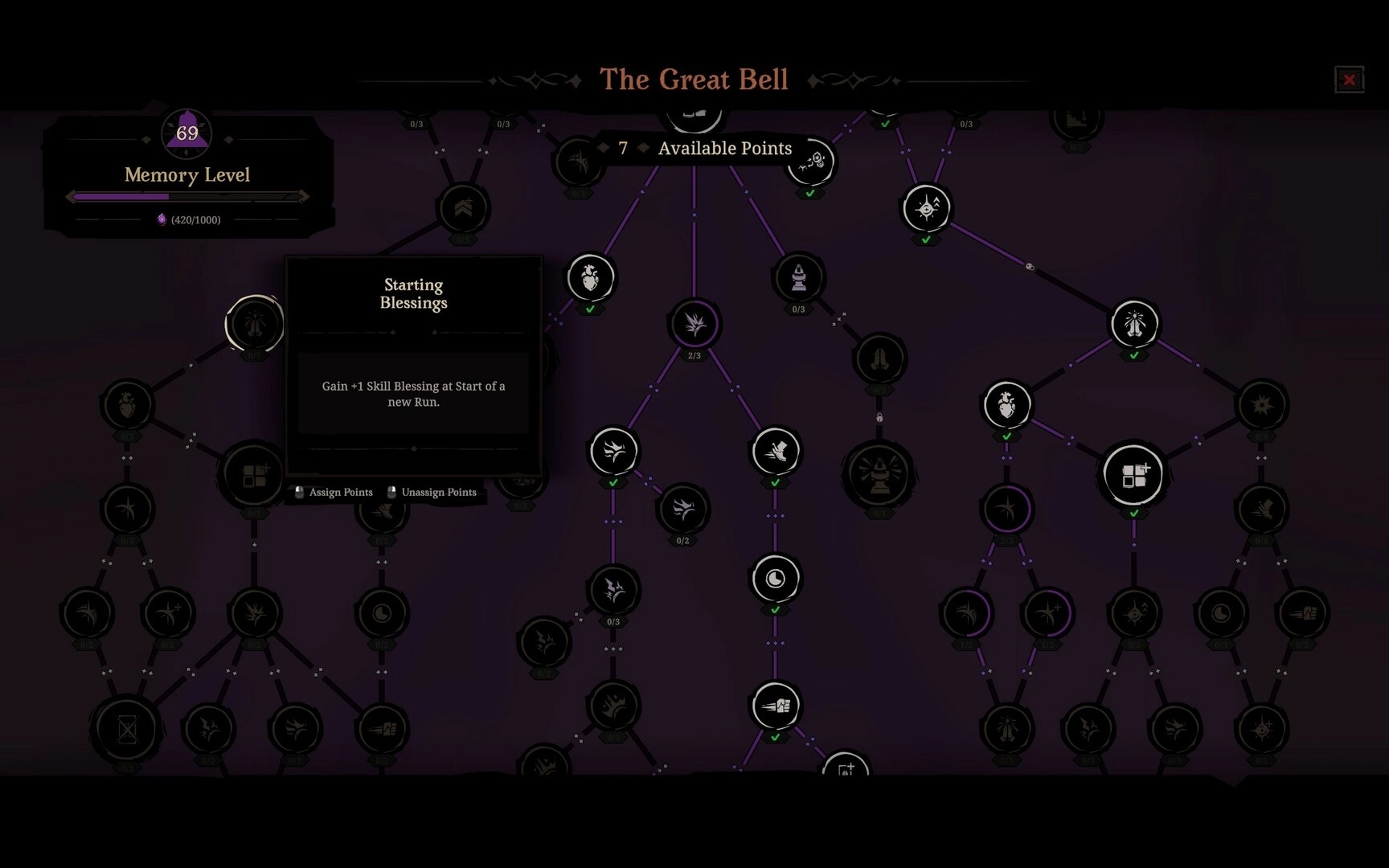 Hell Clock: Skill tree interface with available points and starting blessings in dark fantasy setting
