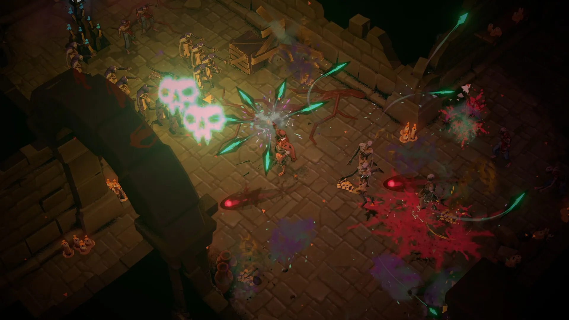 Hell Clock: Player unleashes green crystal attack on undead in dark stone dungeon corridor