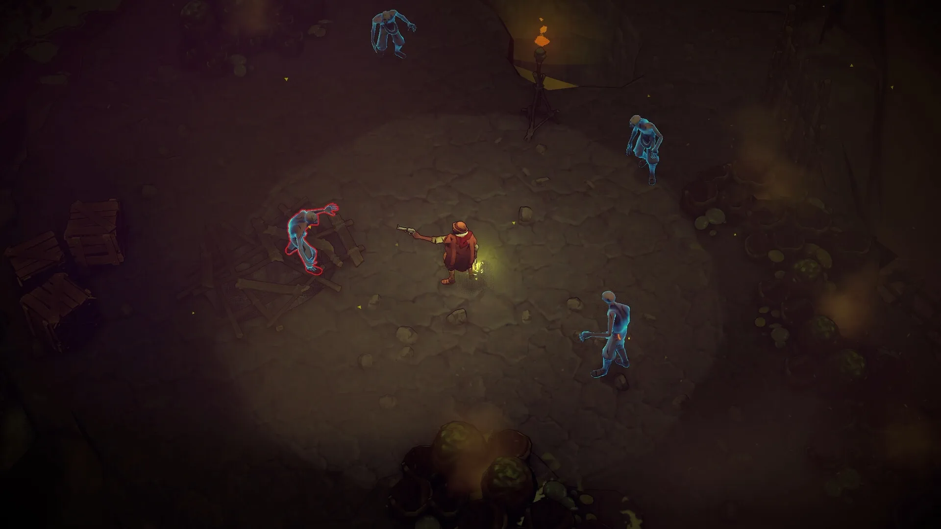 Hell Clock: Player character battling five blue spectral enemies in a dimly lit cavern environment