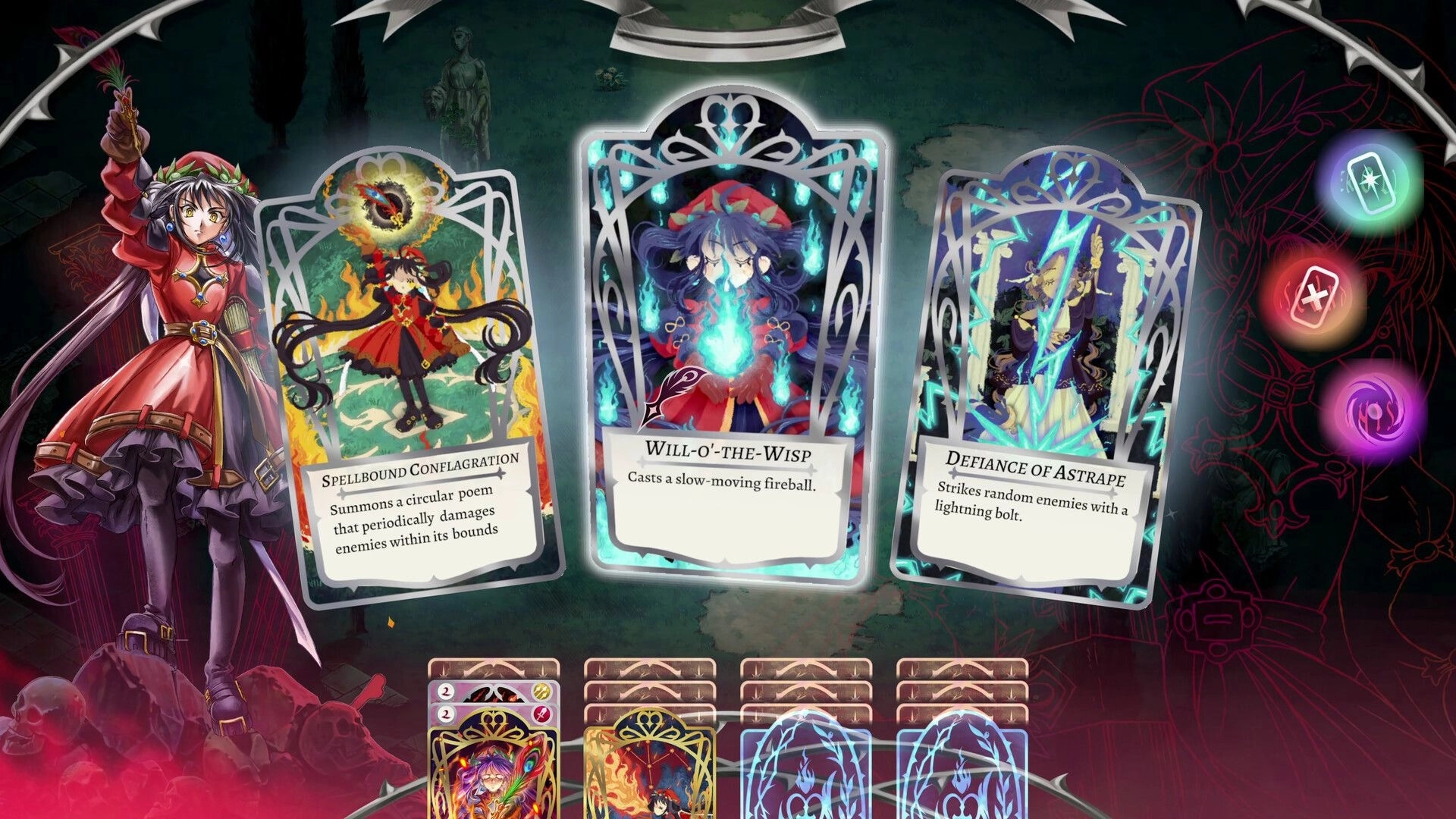 Hell Maiden: Character displays spell cards with magical effects in a dark, mystical environment