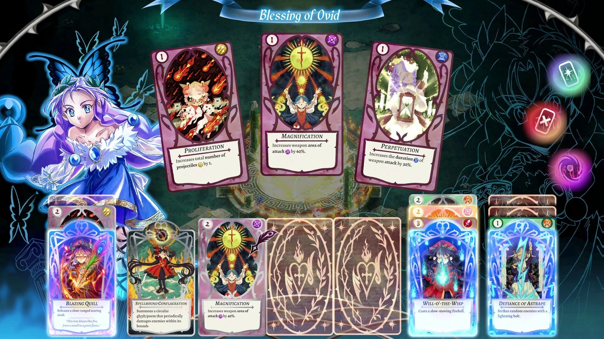 Hell Maiden: Character with blue hair and wings selecting cards in a mystical deck-building interface