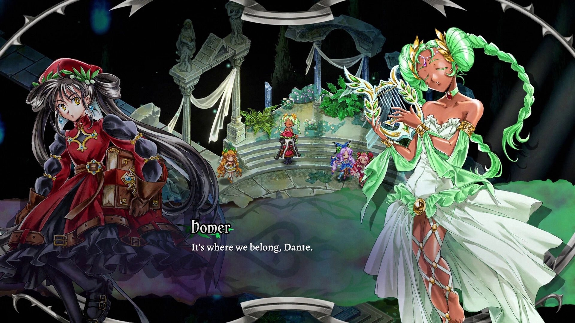 Hell Maiden: Dante and companions converse in a mystical garden with ancient statues and lush foliage.