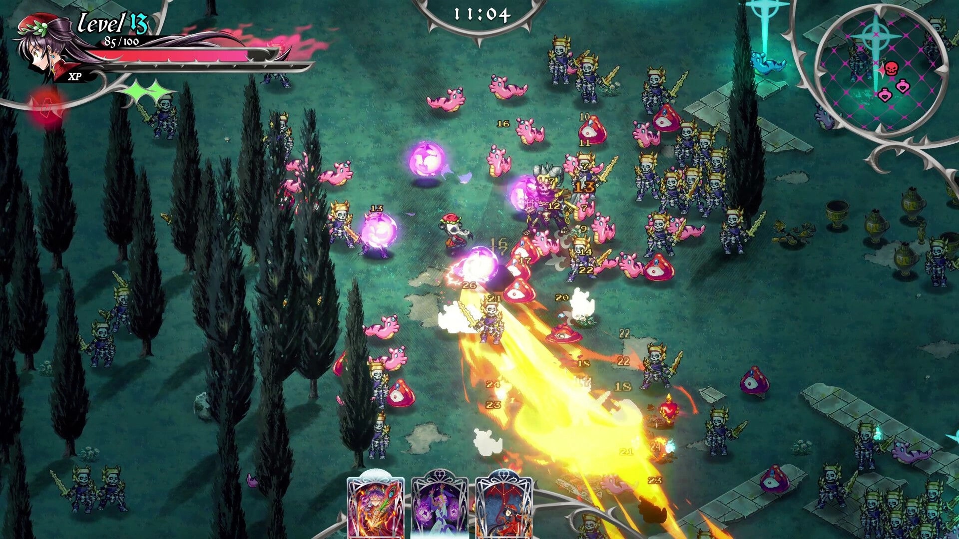 Hell Maiden: Character unleashes fiery attack on skeleton army in dark forest setting with UI visible
