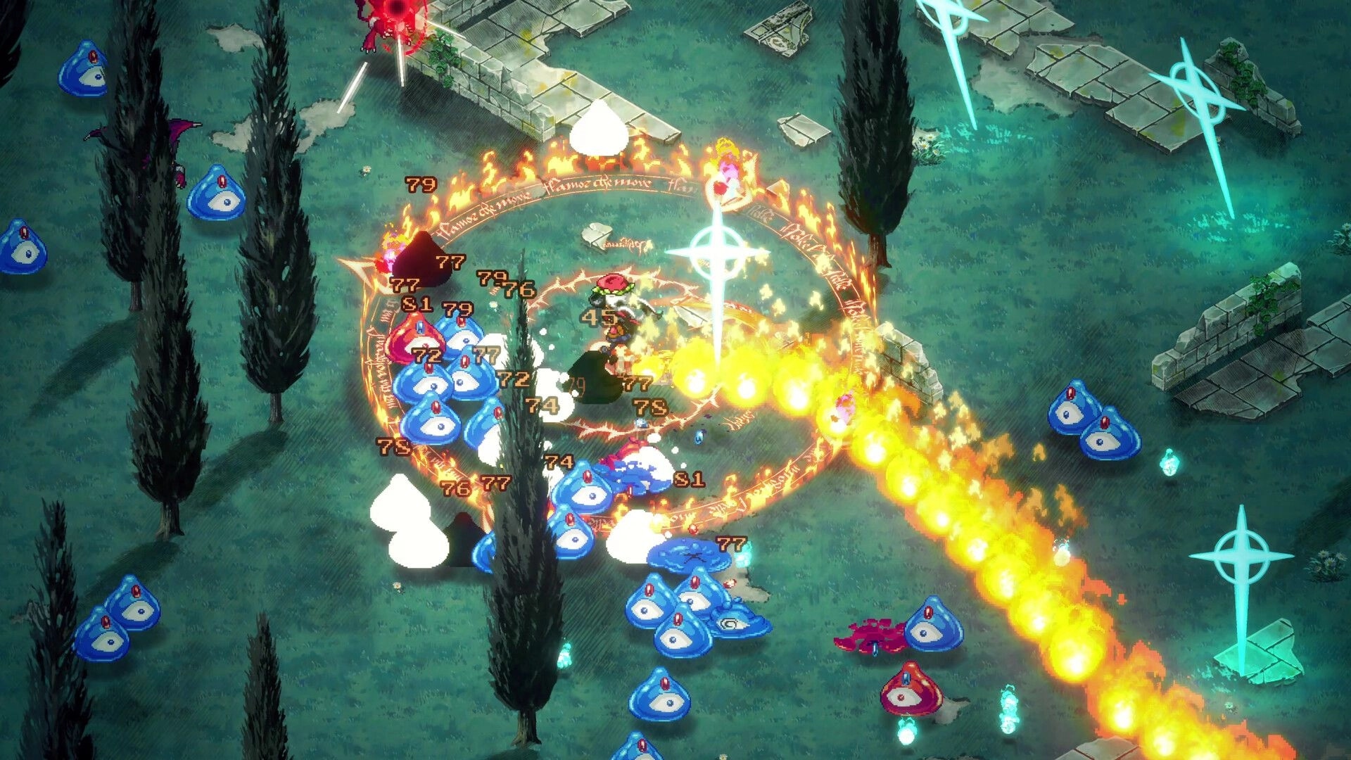 Hell Maiden: Player casting fiery spell against blue slimes in a haunted forest with ruins and trees