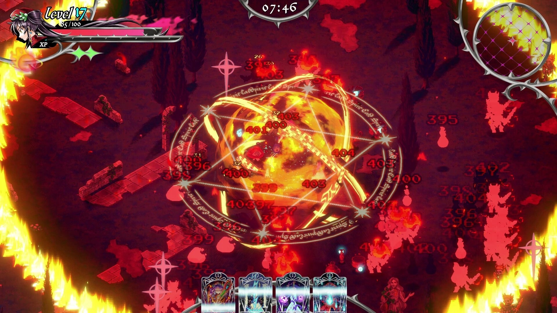 Hell Maiden: Character casting a spell in fiery landscape with health bar and card deck visible