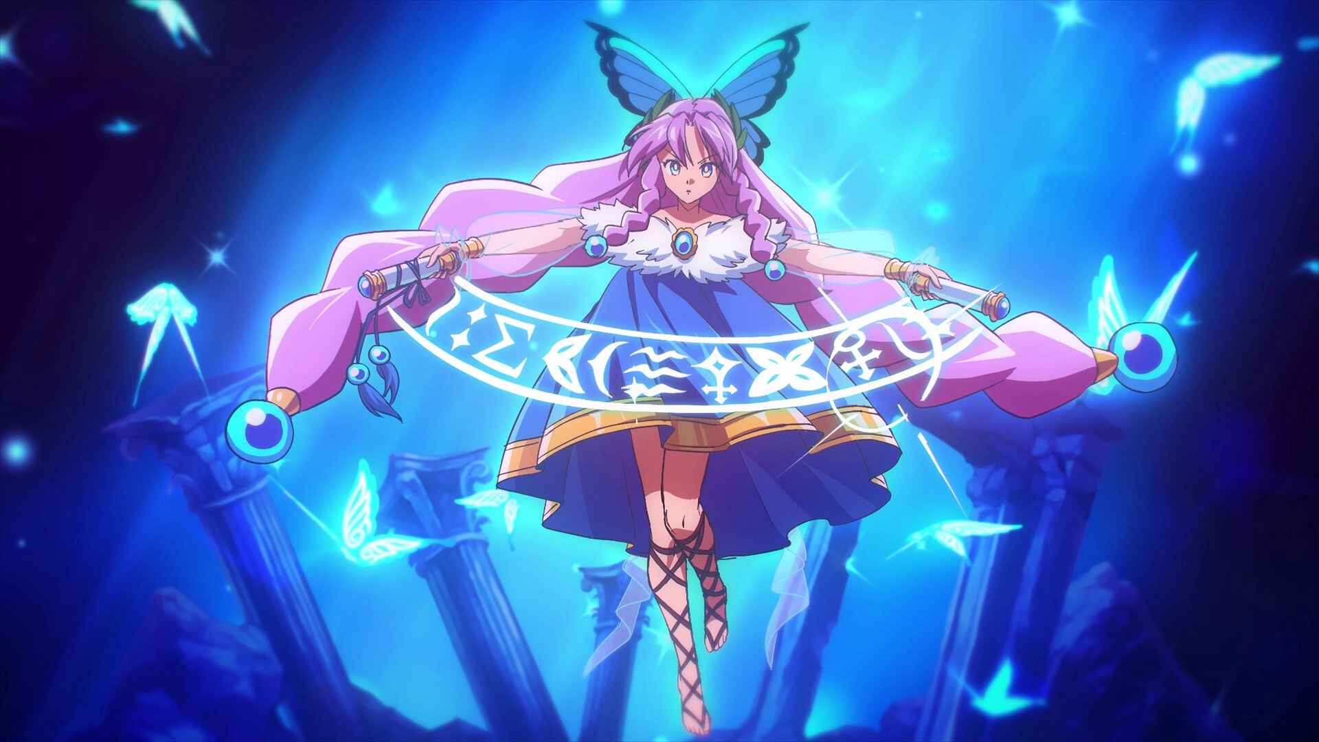 Hell Maiden: Purple-haired character levitating with glowing runes in ancient ruins with ethereal glow