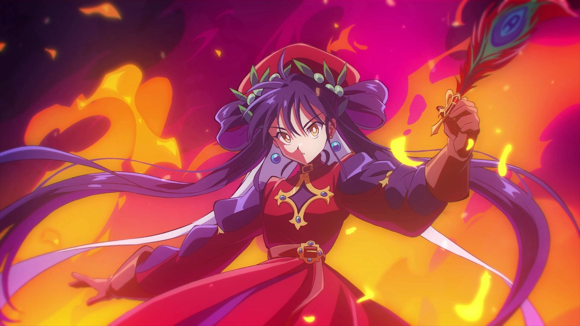 Hell Maiden: Heroine wielding a magical quill stands ready in fiery inferno with vibrant colors.