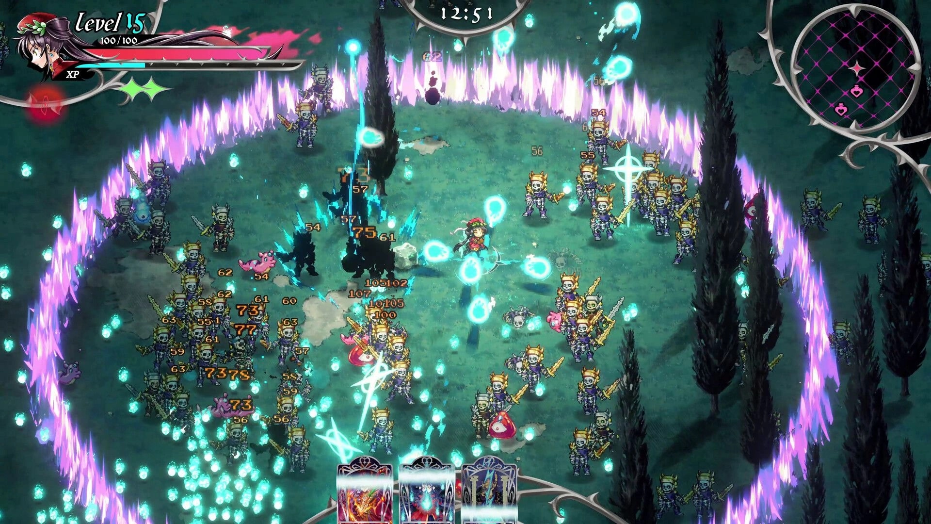 Hell Maiden: Player battles skeleton warriors surrounded by a glowing barrier in a dark forest setting