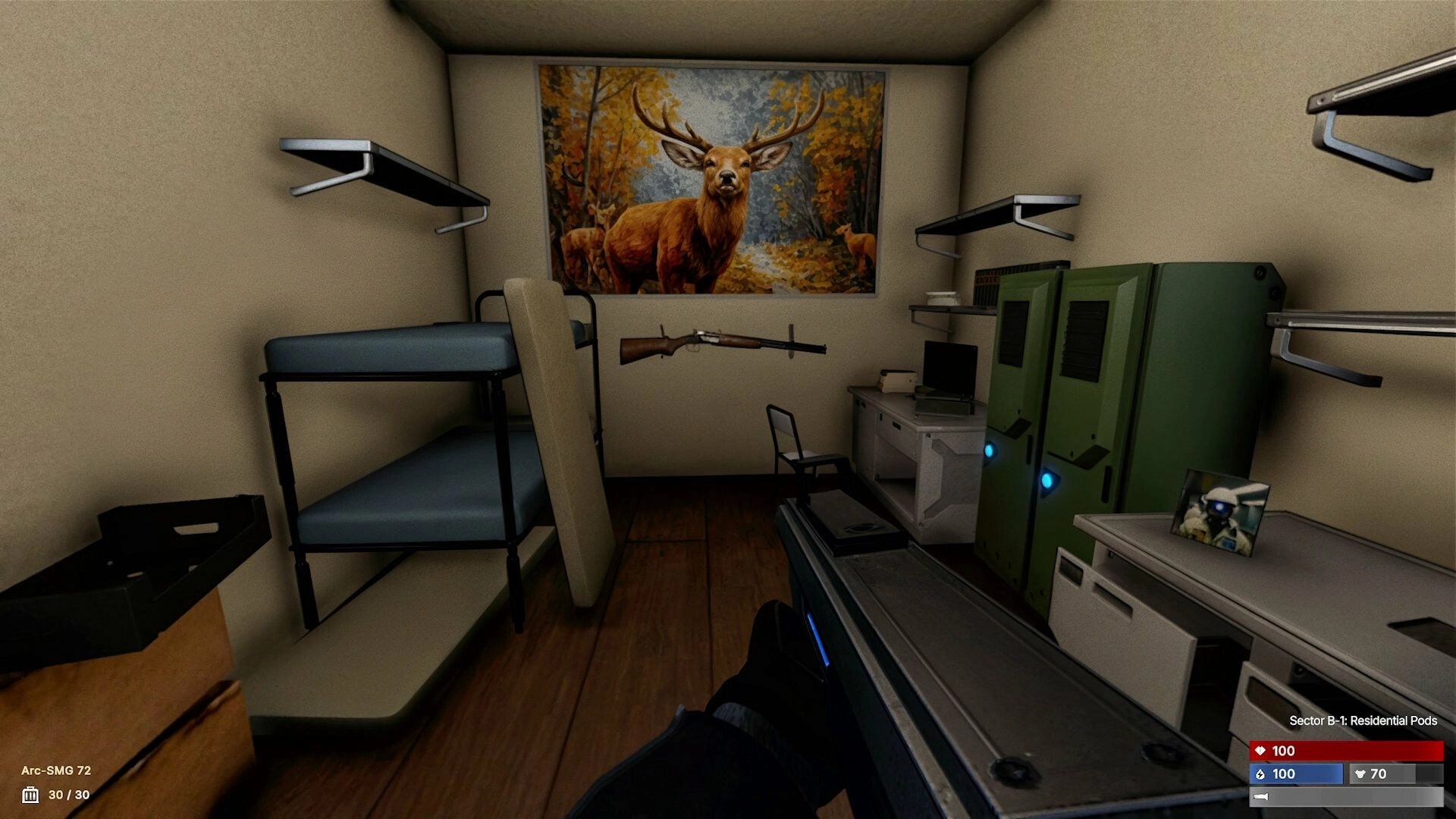 HELL OF FEAR: First-person view in a space station dormitory with a rifle and health indicators visible