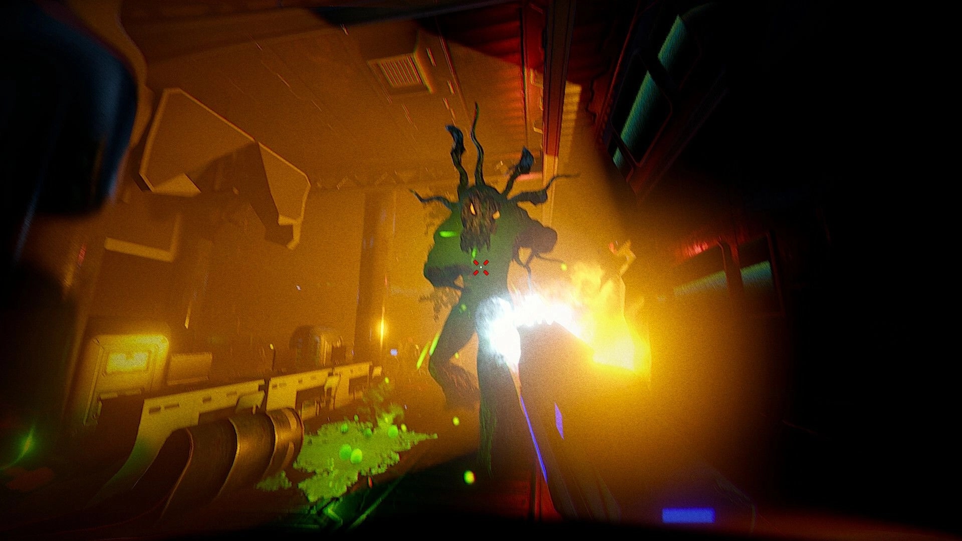 HELL OF FEAR: Major Axel Vex shooting at a monstrous creature in a dimly lit space corridor.