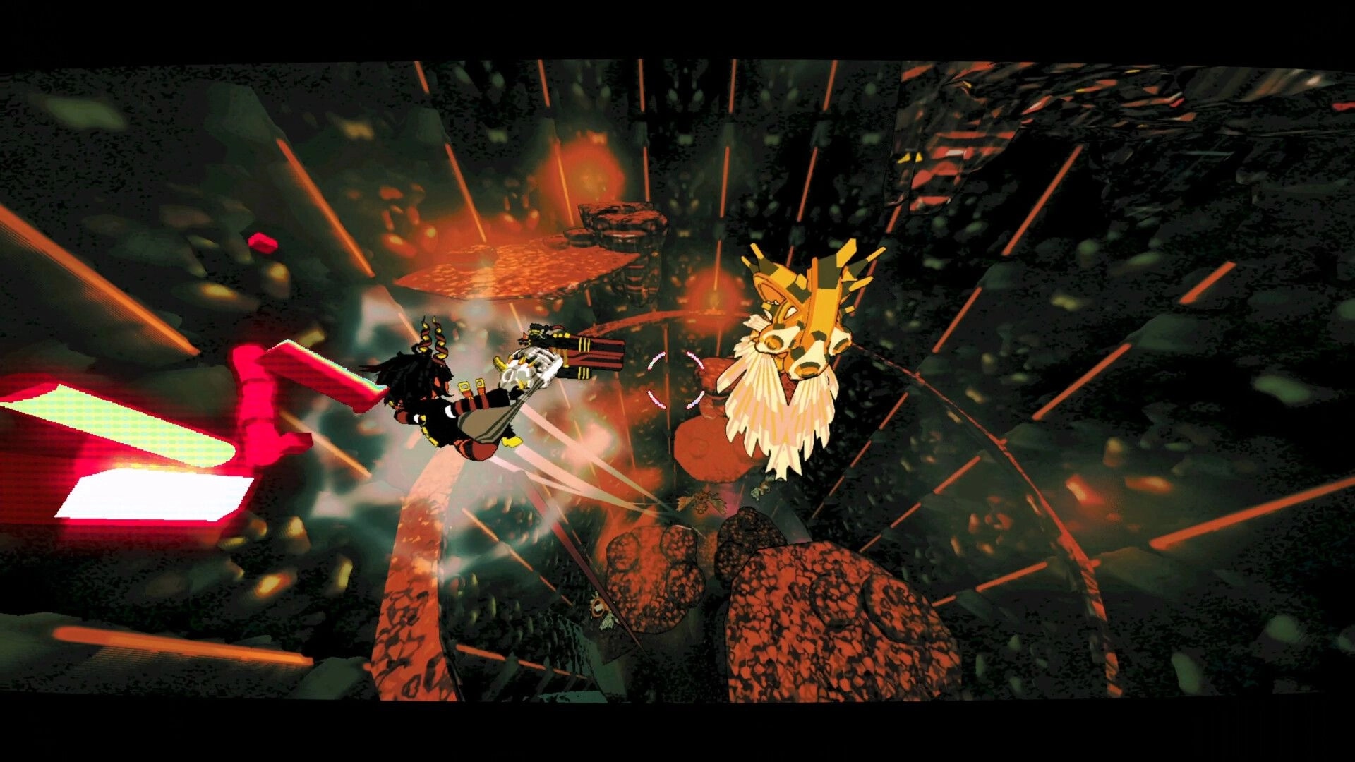 HELL THUG: Demon free-falls firing at angel forces in a fiery cavern with glowing red beams.