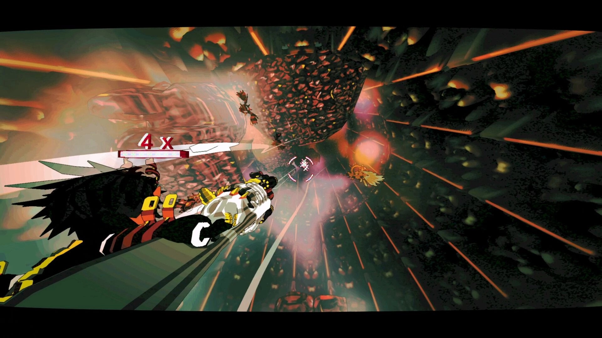 HELL THUG: Demon free-falling while shooting at angels in a fiery tunnel with a 4x combo indicator visible.