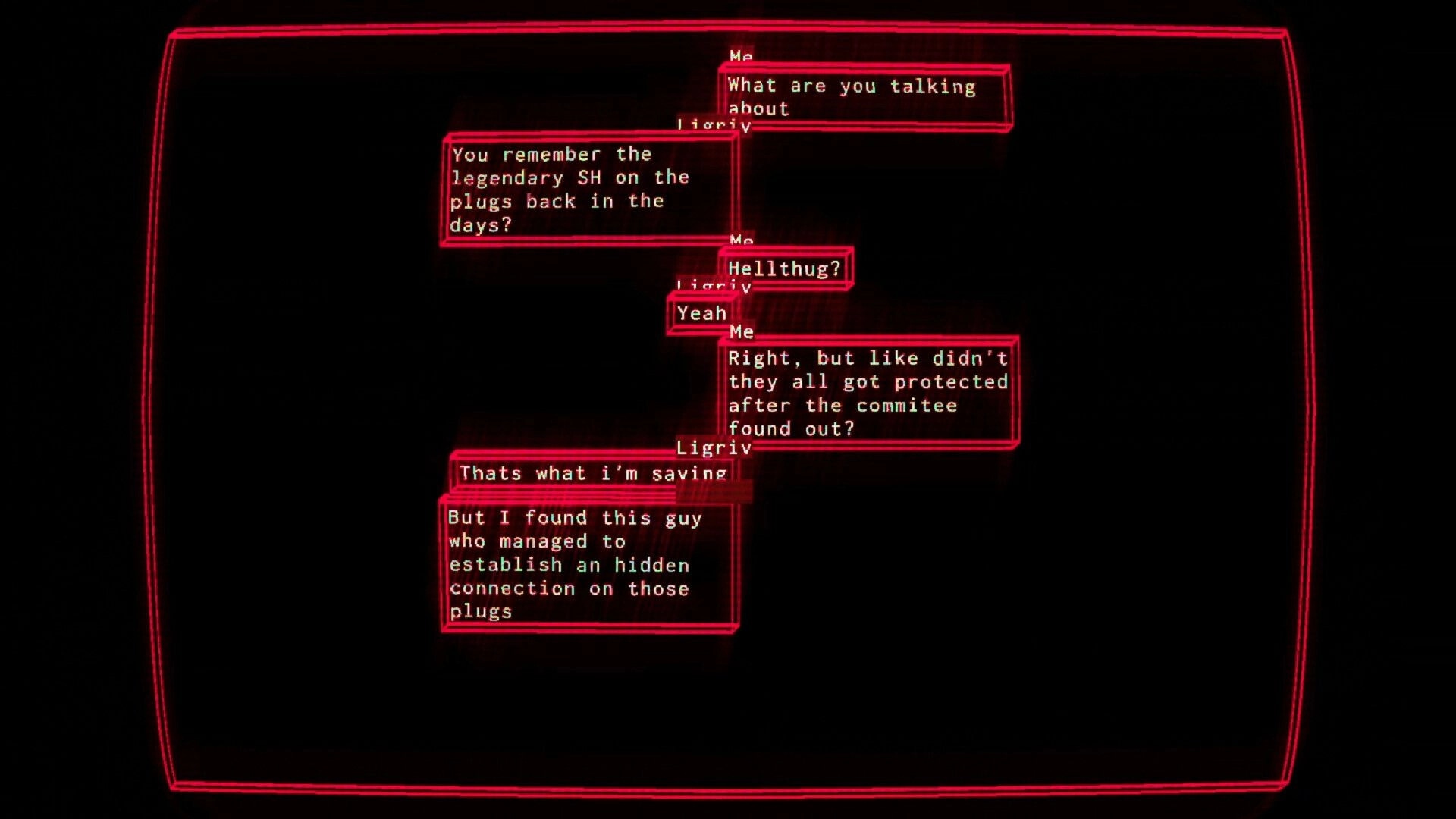 HELL THUG: Dialogue boxes with glowing red text detail a conversation about hidden connections in darkness.