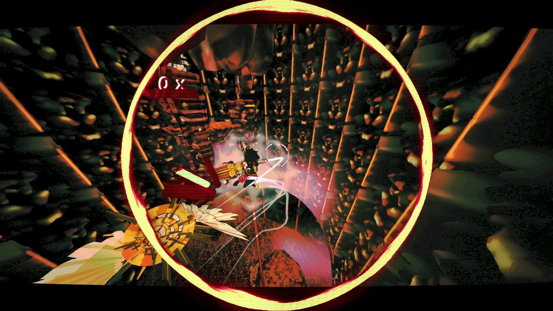 HELL THUG: Demon free-falls in fiery tunnel, targeting angel forces with crosshair in intense shootout.