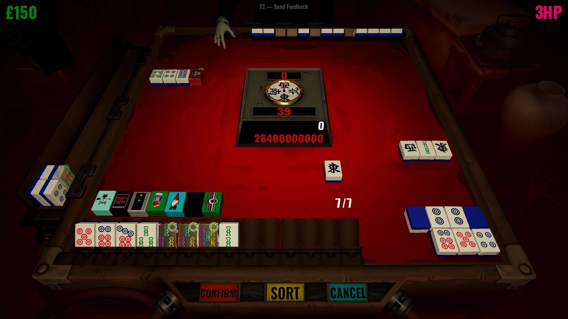 Hell Wait: Mahjong hand with joker tiles and confirm/sort/cancel UI on a red felt table screen.