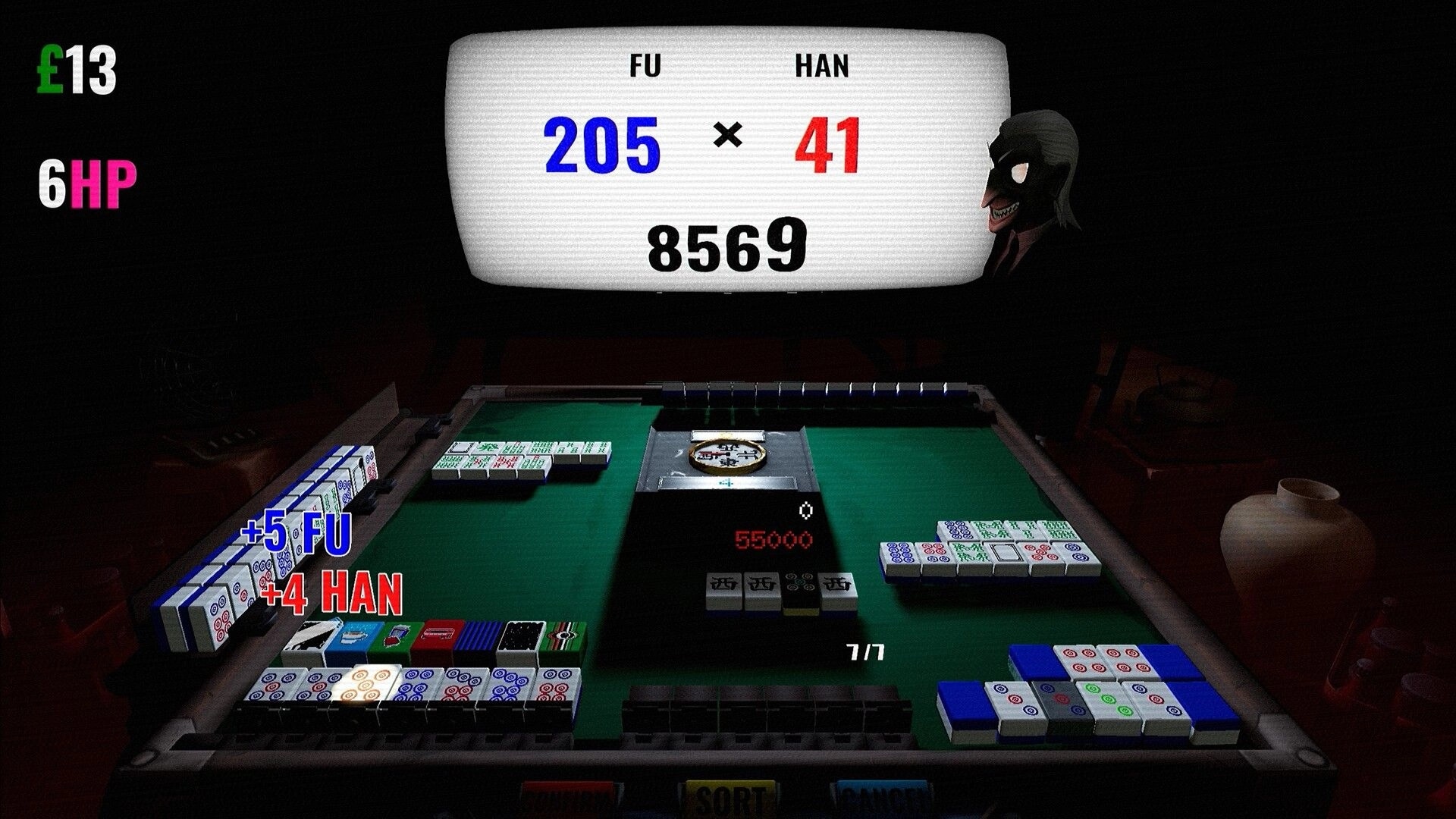 Hell Wait: Riichi mahjong table with FU/HAN score panel and masked opponent in dark room.