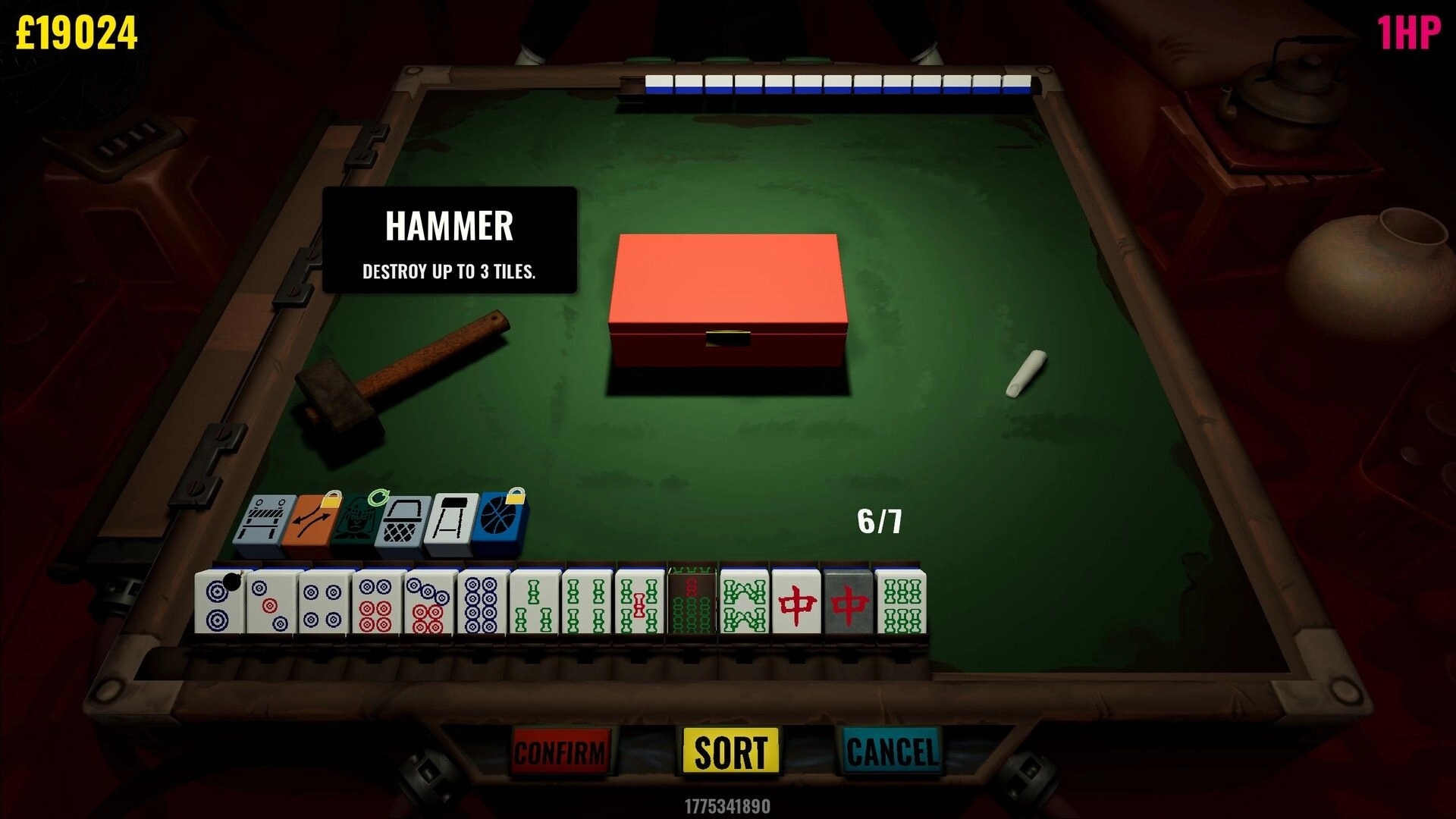 Hell Wait: Hammer power-up prompt over mahjong hand UI on green table with red box, 1HP HUD.