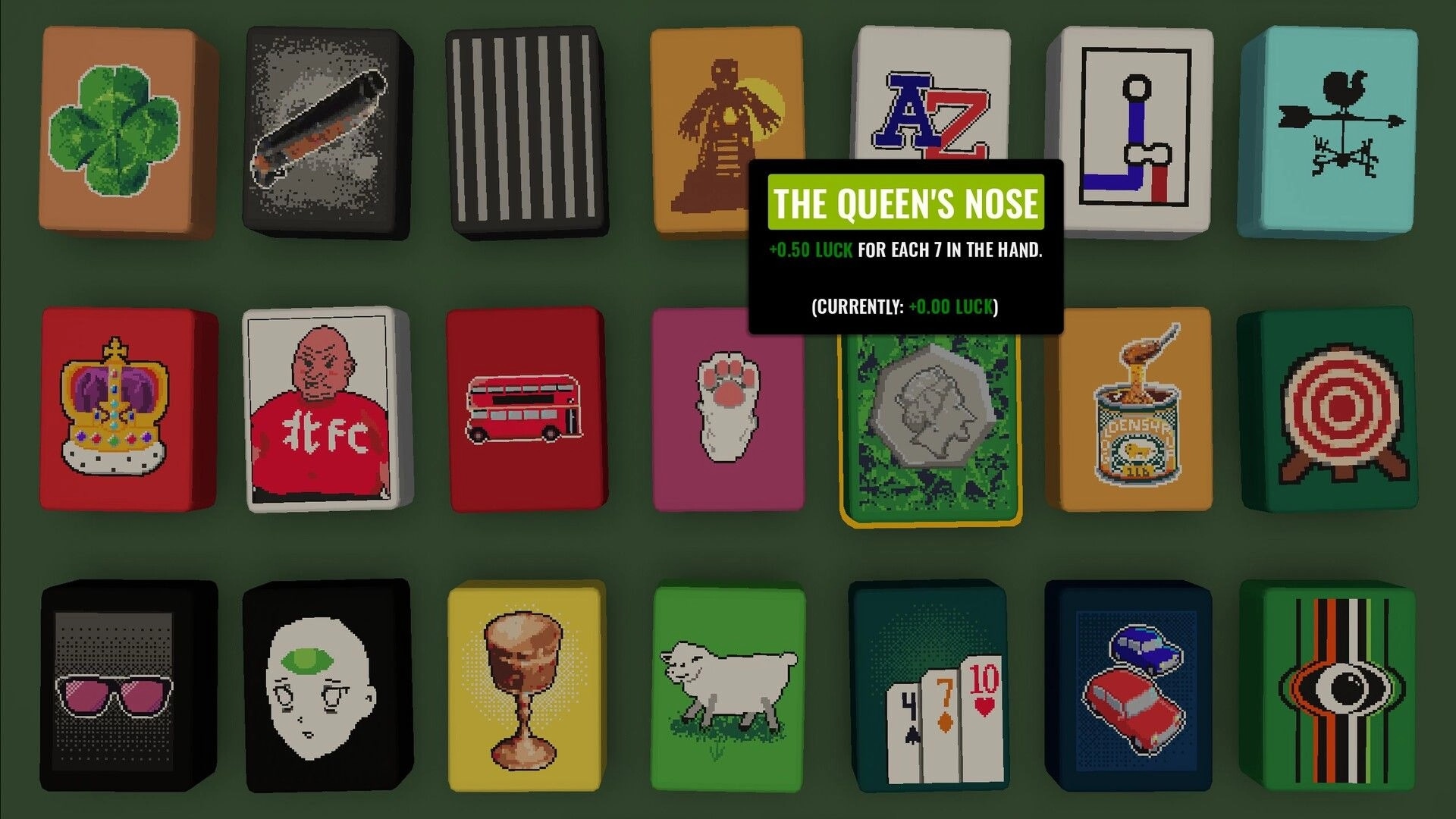 Hell Wait: Joker selection grid with tooltip “The Queen’s Nose” showing luck bonus on green table.