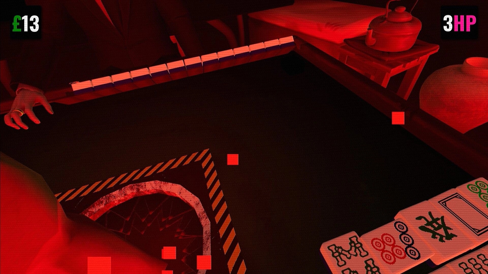 Hell Wait: Mahjong table view with tiles, £13 and 3HP HUD in a red-lit room with teapot.