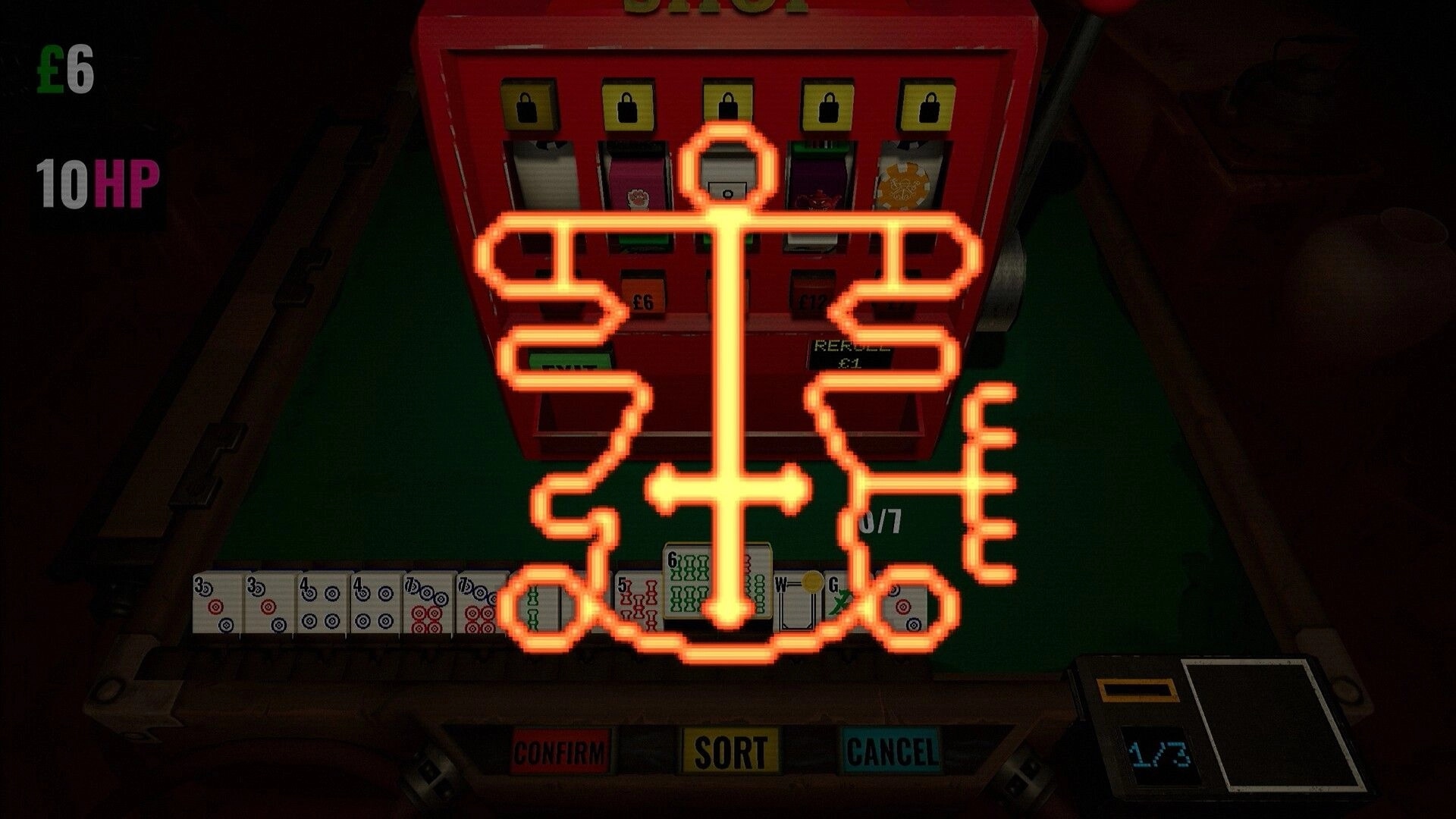 Hell Wait: Neon sigil overlay on mahjong hand and shop slots, with £6 and 10HP UI visible.