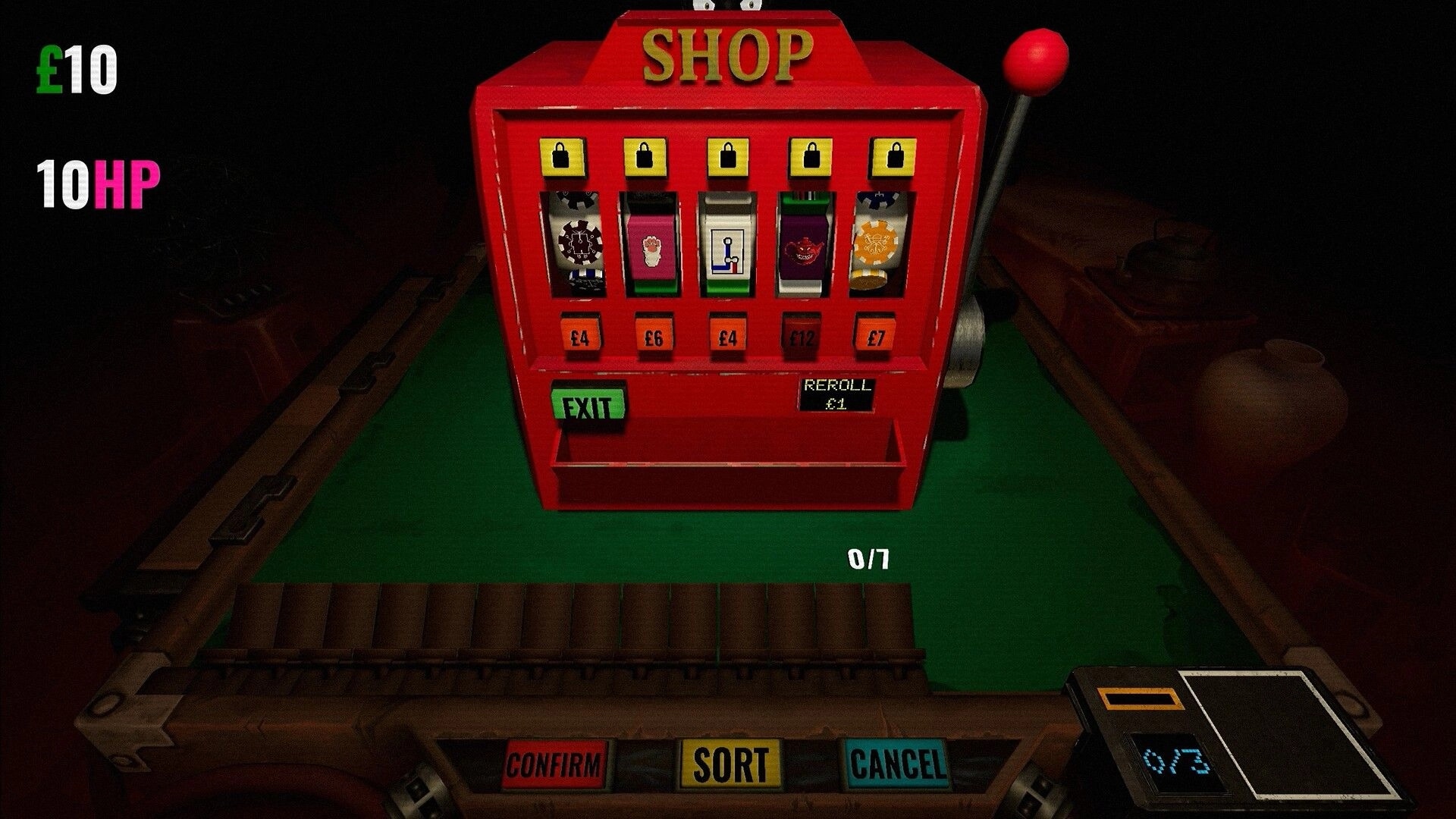 Hell Wait: Shop menu with five locked items and reroll button on a red machine over green felt table.