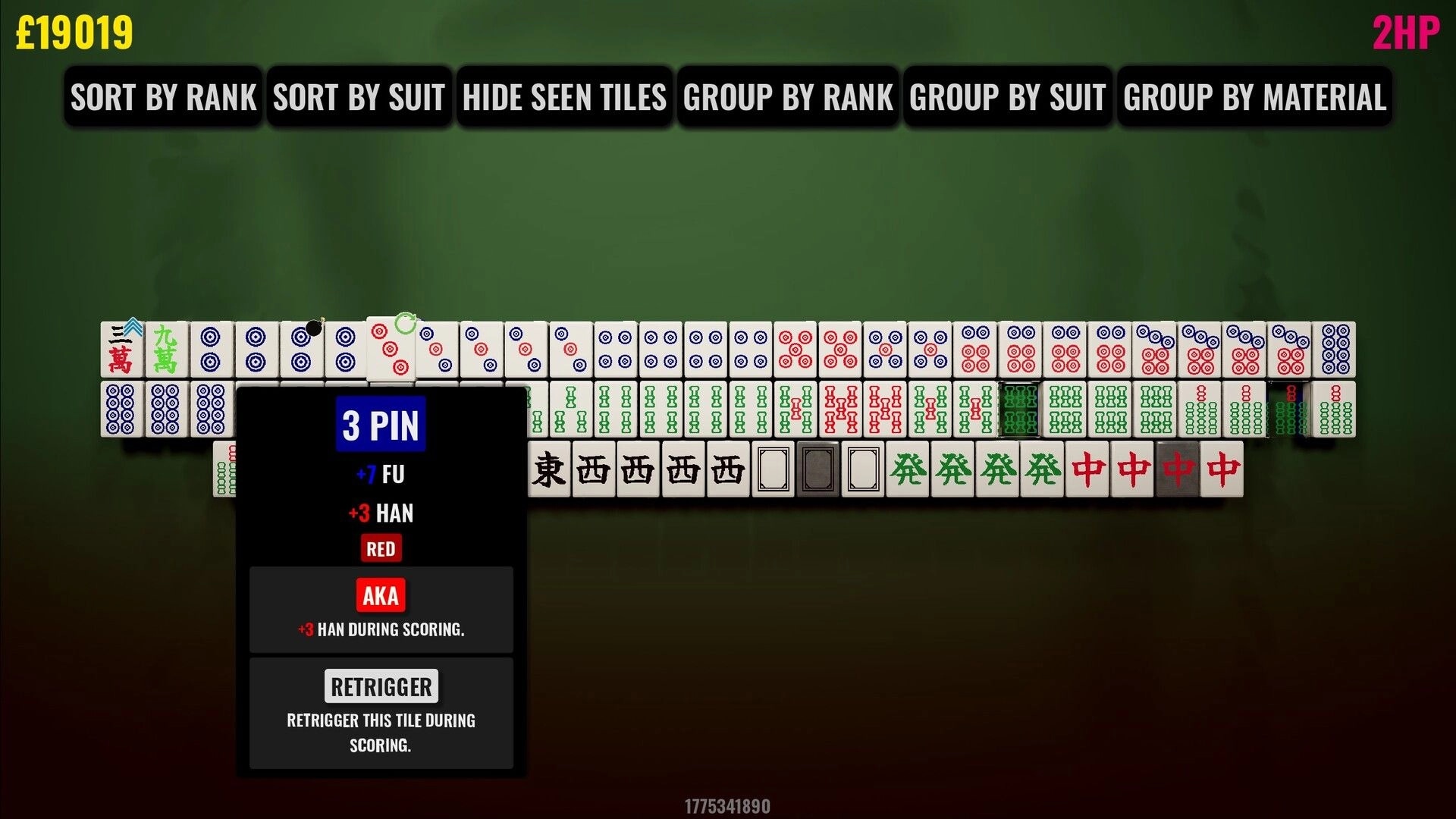 Hell Wait: Mahjong hand view with 3 Pin tile tooltip and sorting buttons on a green table UI.