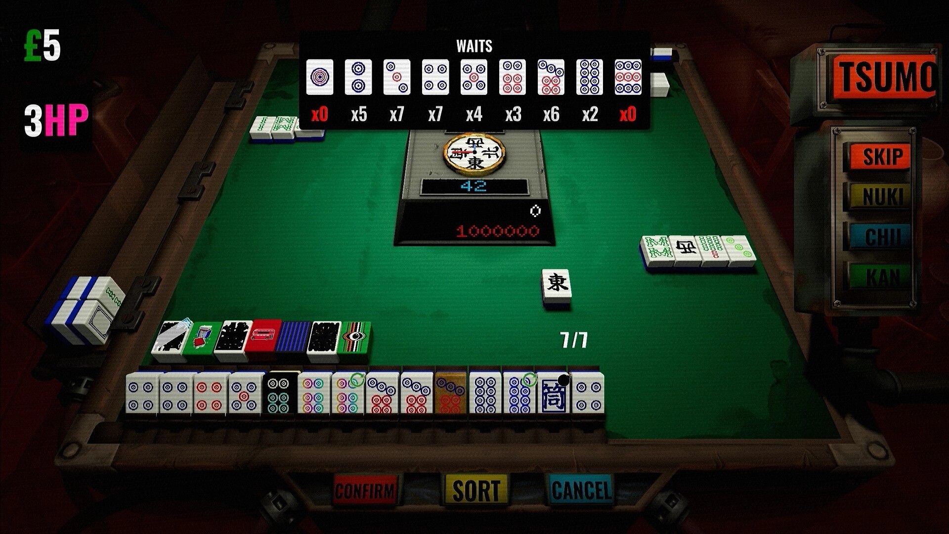 Hell Wait: Mahjong hand and waits overlay with TSUMO and call buttons on a green table UI.