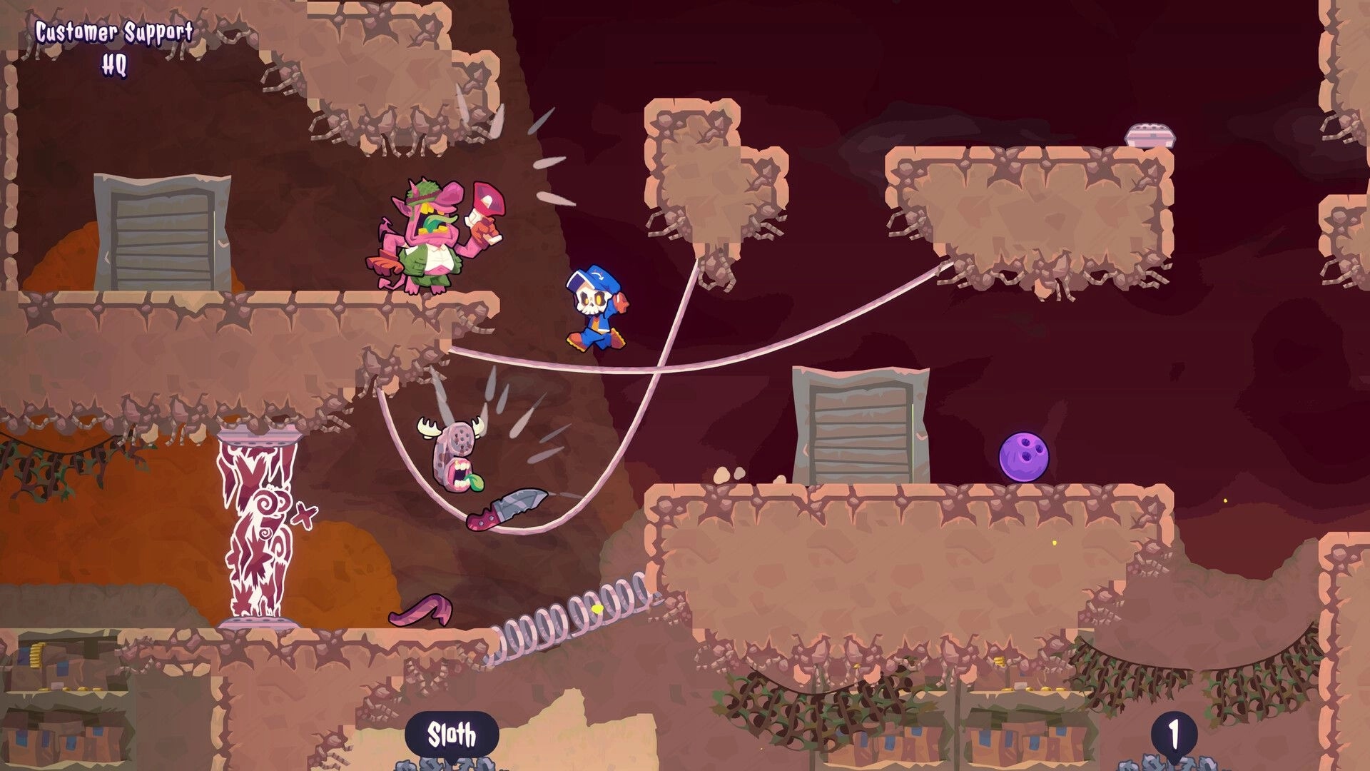 HELLBOUND INC: Undead courier jumps over demons and obstacles in Customer Support HQ platformer level.