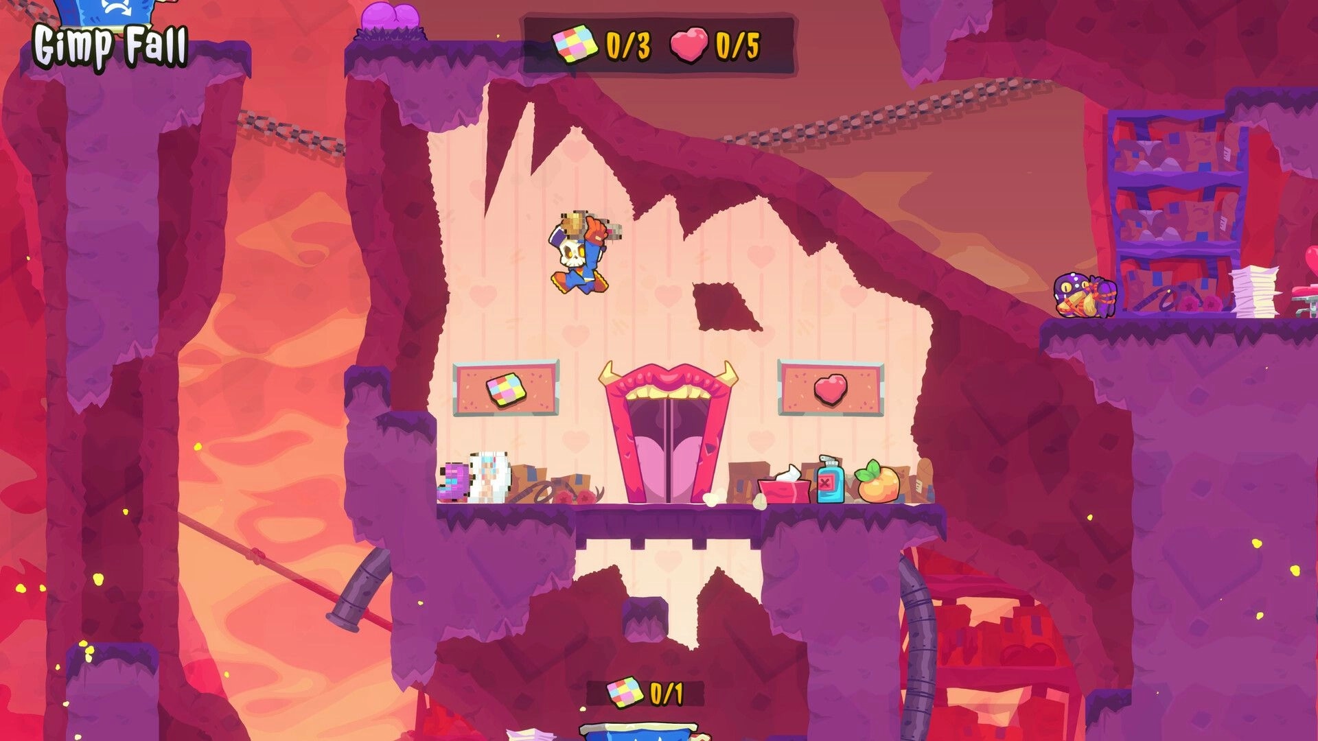 HELLBOUND INC: Undead courier jumps over chasm in cavern with health and package icons displayed
