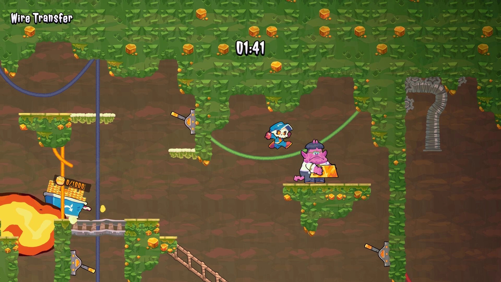 HELLBOUND INC: Undead courier jumps over demon while delivering packages in cavernous platform setting.