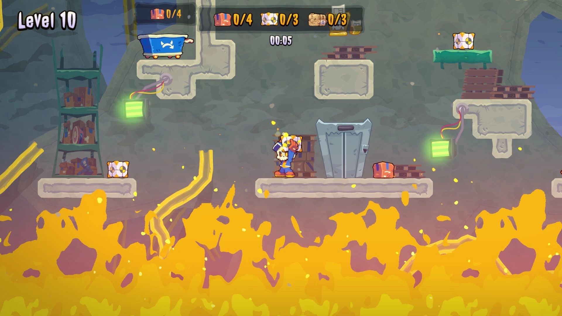 HELLBOUND INC: Undead courier carries package on platform above fiery pit, with level timer at 00:05