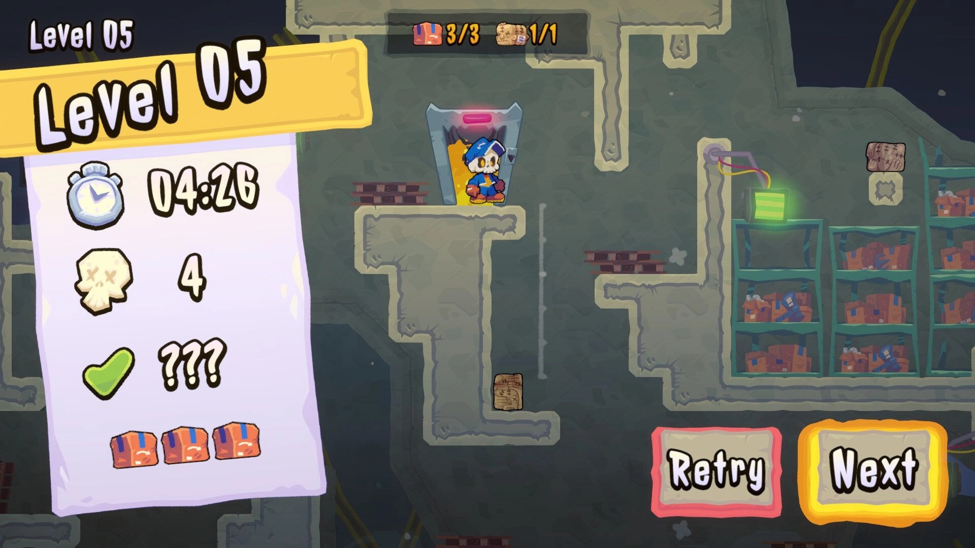 HELLBOUND INC: Undead courier at level exit with time and inventory display in eerie warehouse setting