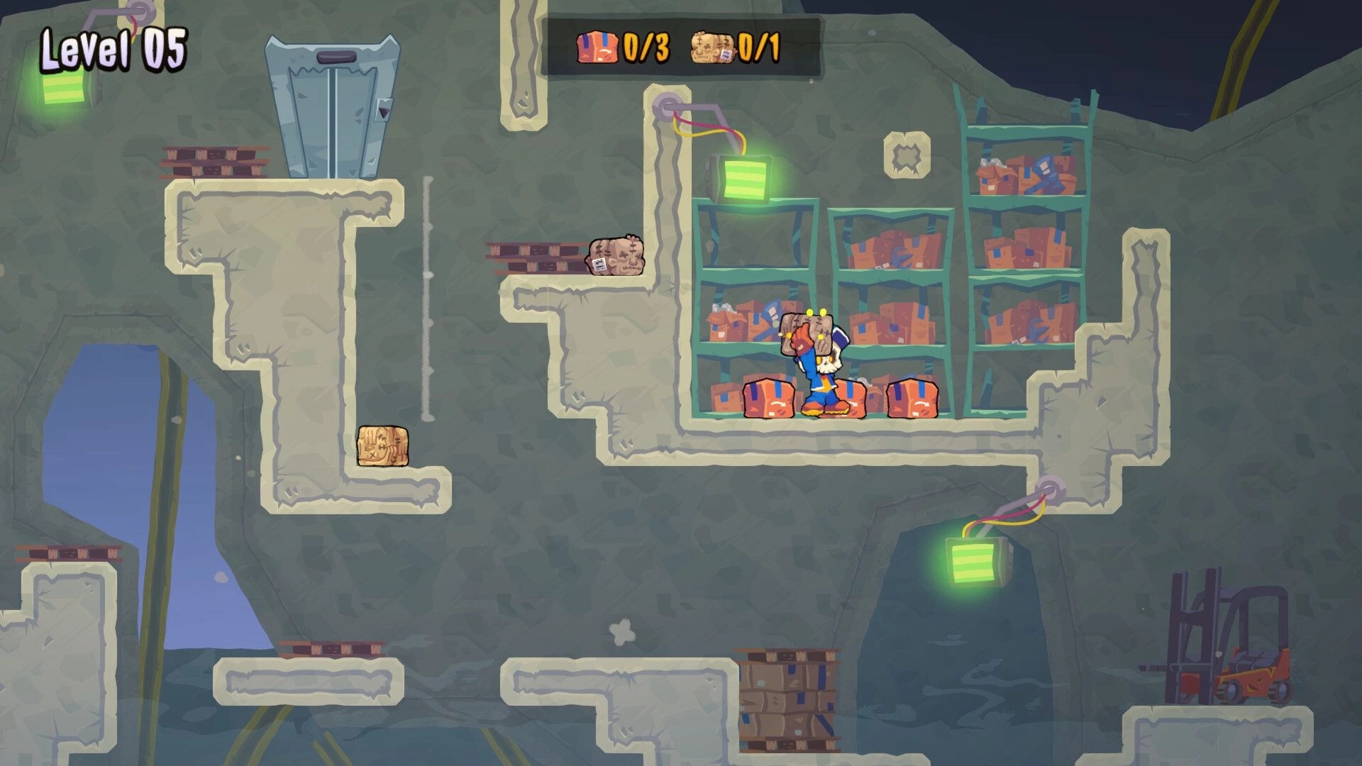 HELLBOUND INC: Undead courier carries packages in a cavernous level with shelves and glowing green lights.