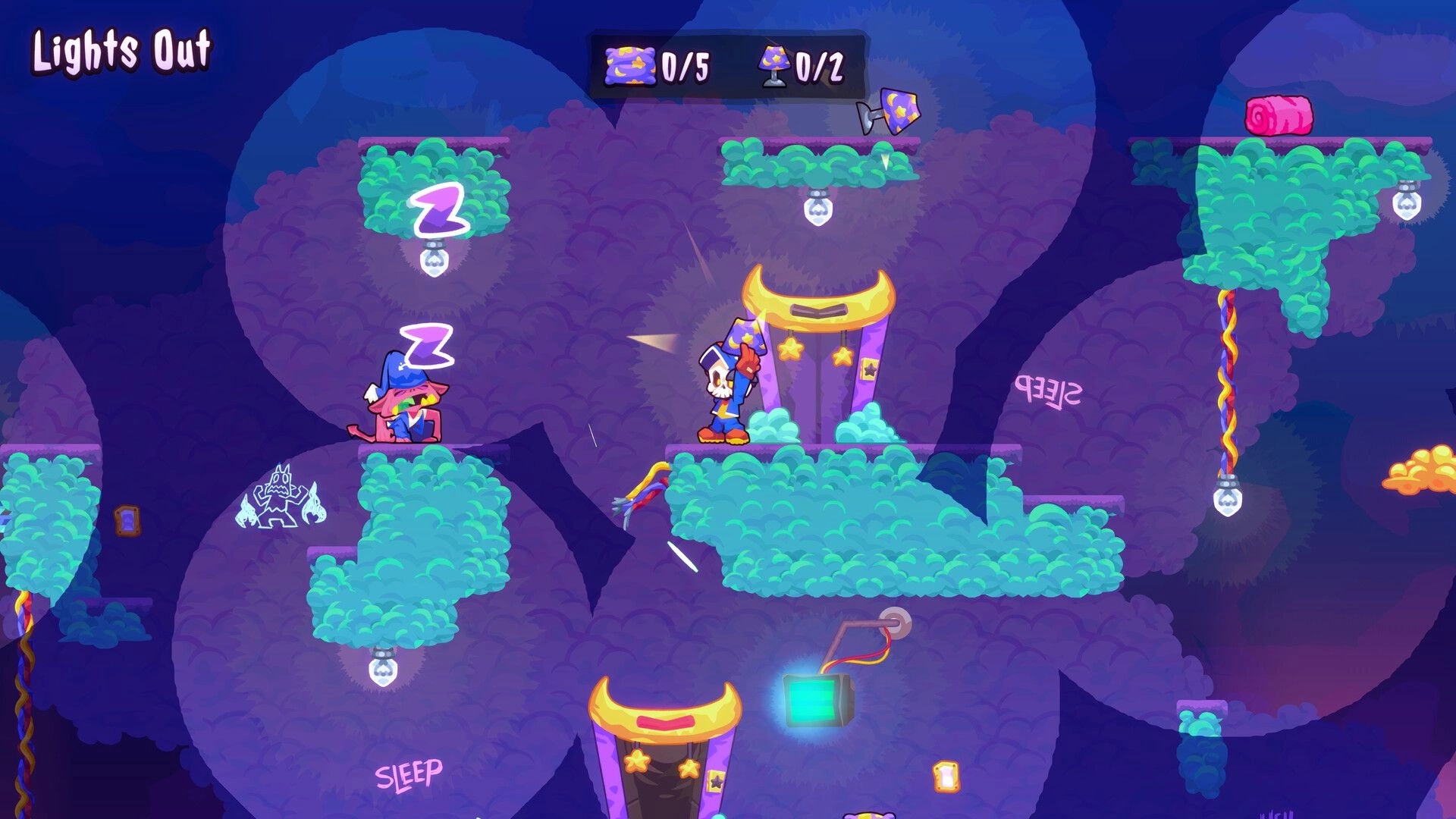 HELLBOUND INC: Undead courier navigates platforms collecting items under a "Lights Out" challenge setting.