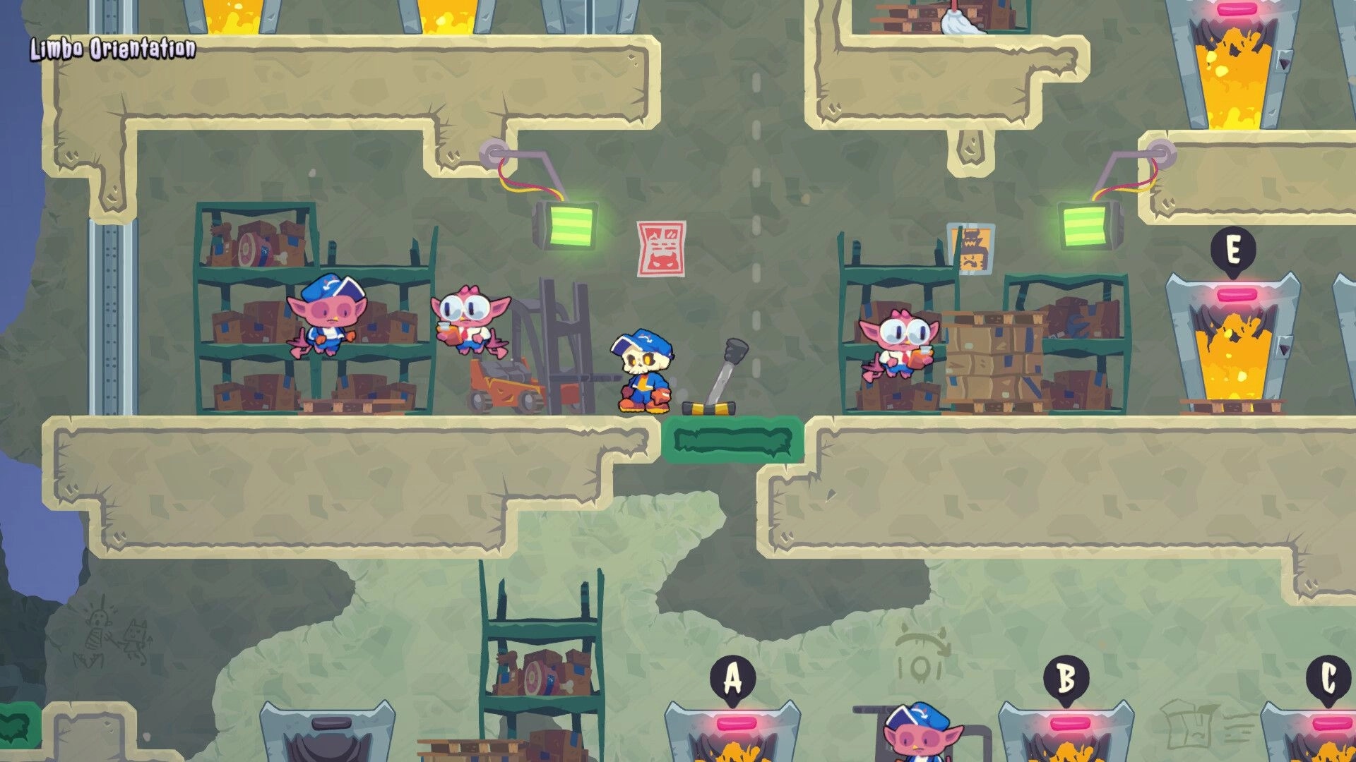 HELLBOUND INC: Undead courier navigates warehouse with package, avoiding demons in Limbo Orientation level.