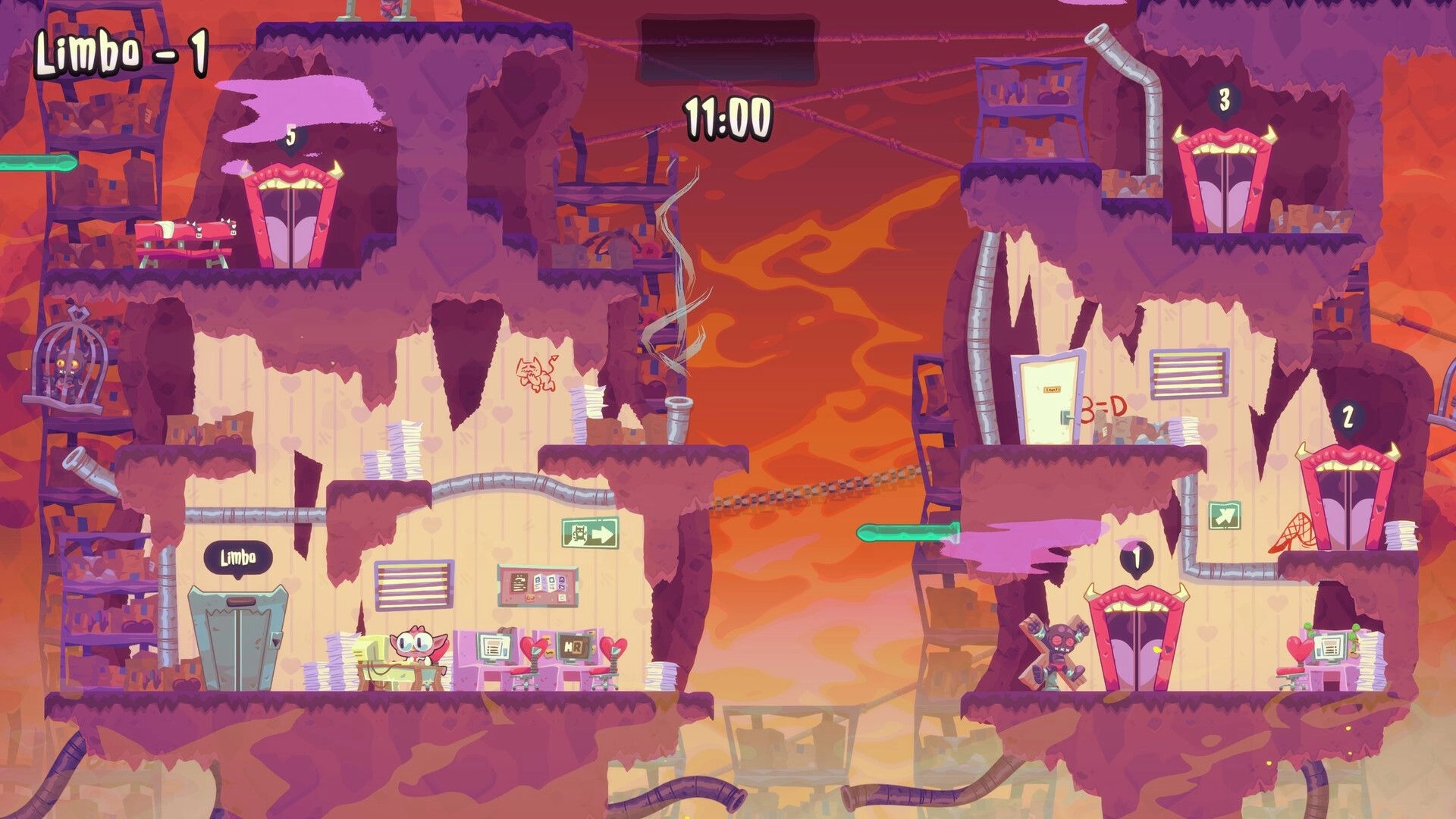 HELLBOUND INC: Undead courier navigating Limbo level with timers, doors, and infernal office decor.