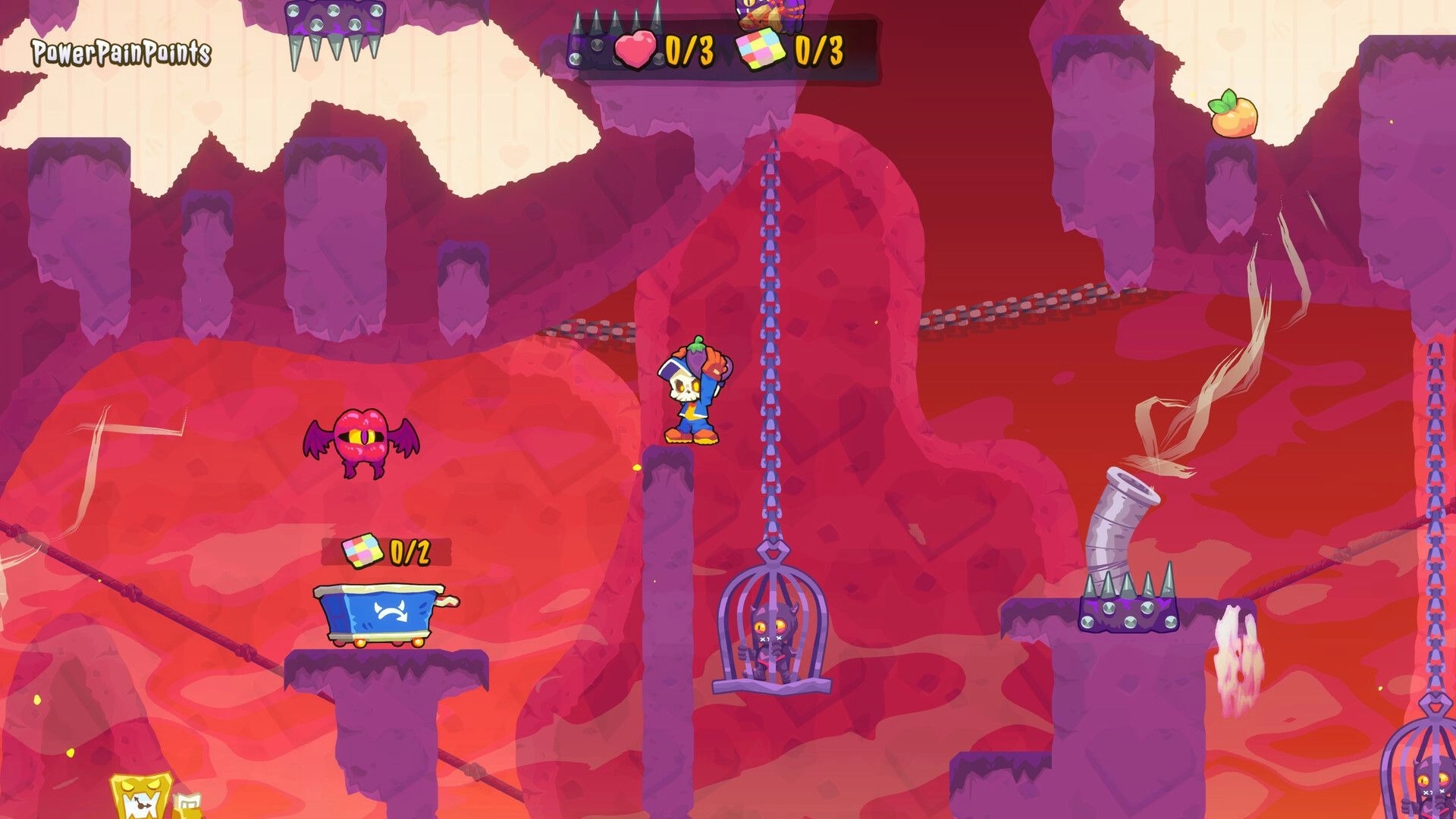 HELLBOUND INC: Undead courier balancing on platforms with demon, cage, and item counters visible