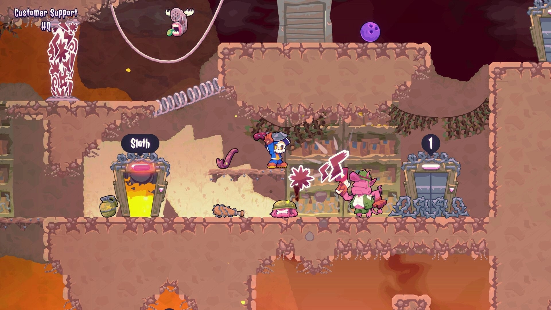 HELLBOUND INC: Undead courier jumping over pink demon in Customer Support HQ with elevators and obstacles