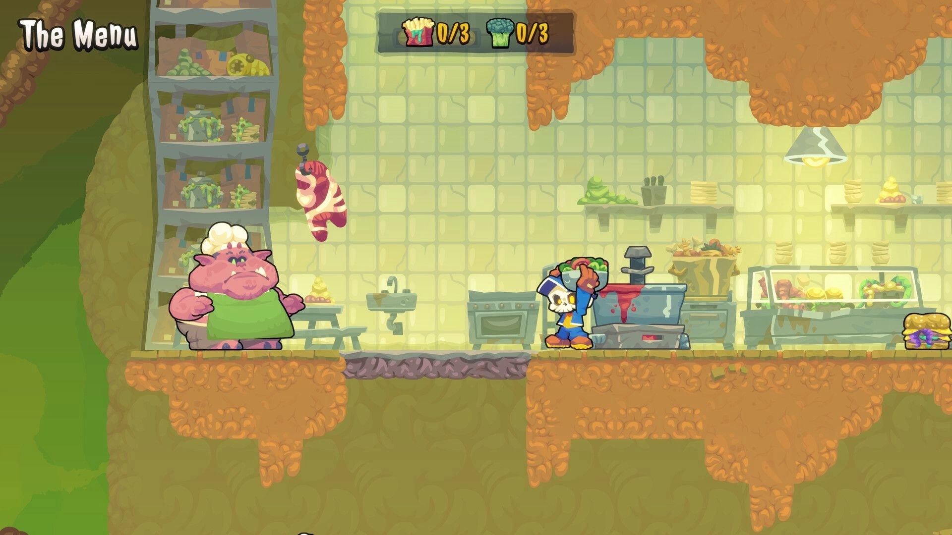 HELLBOUND INC: Undead courier in kitchen area with ghost chef, food shelves, and task counter visible