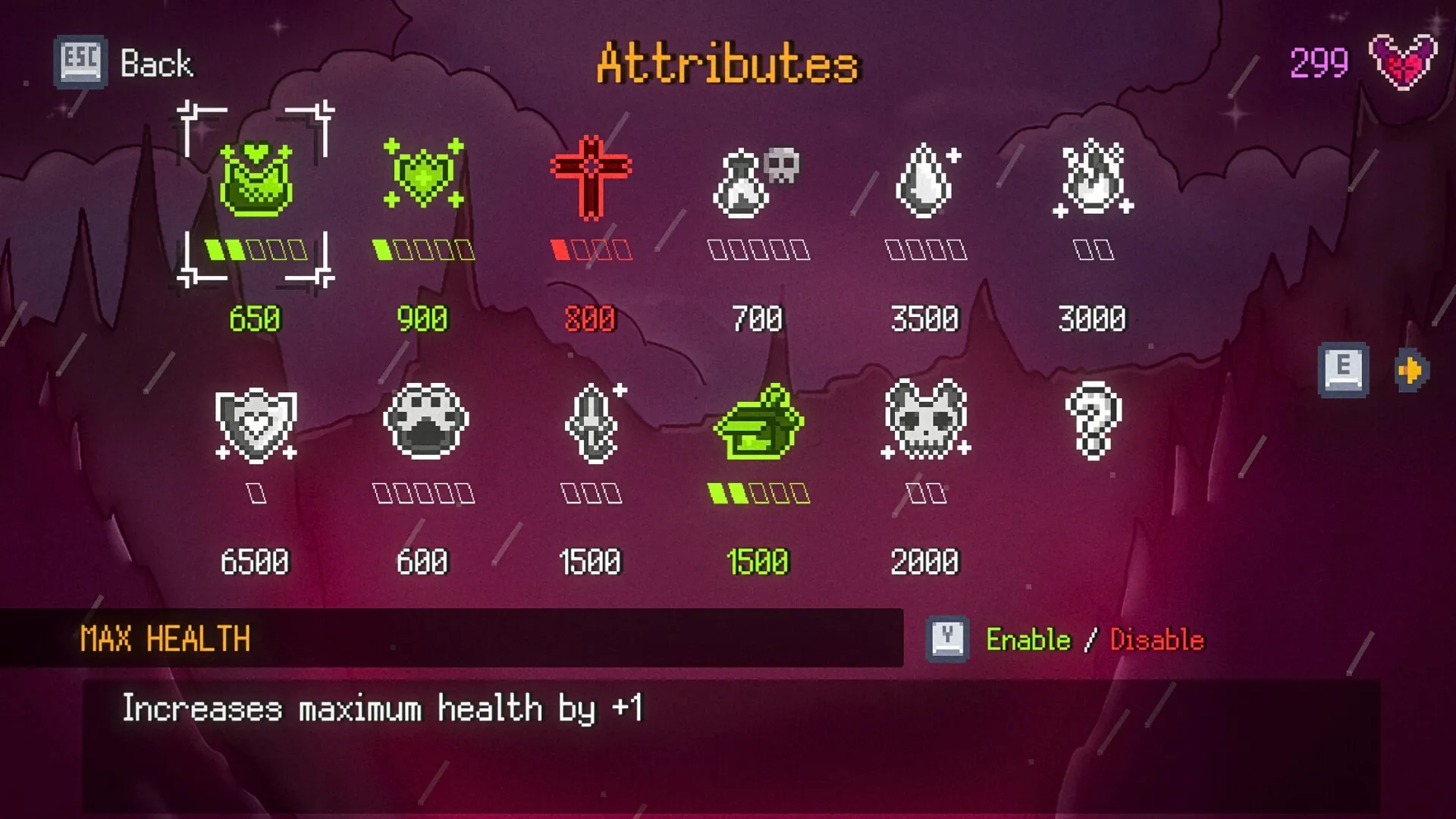 Hellbrella: Attribute selection screen with various icons and stats on a dark, moody background.