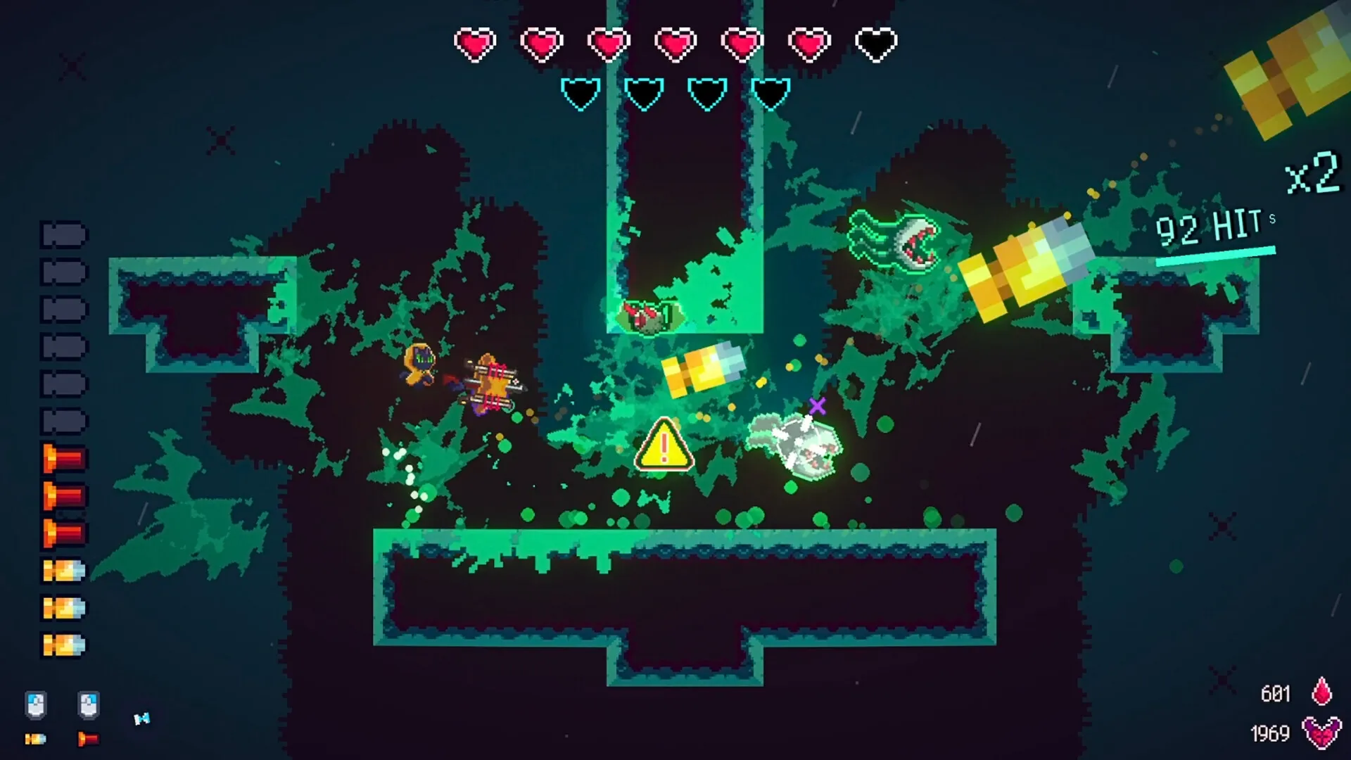 Hellbrella: Raincoat Cat battling demons with umbrella in pixelated forest, health and score displayed