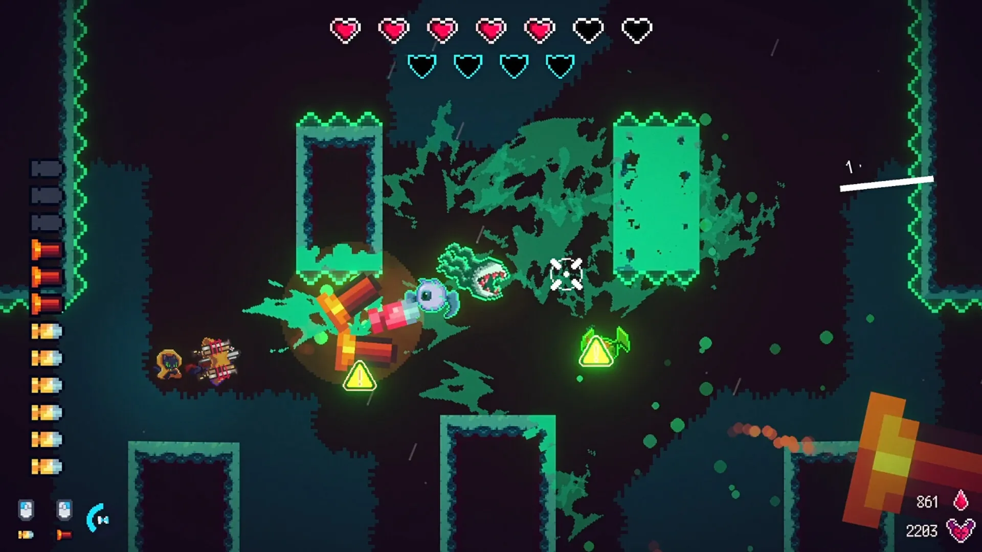 Hellbrella: Raincoat Cat battles demons in neon-lit arena with health and ammo displayed on screen
