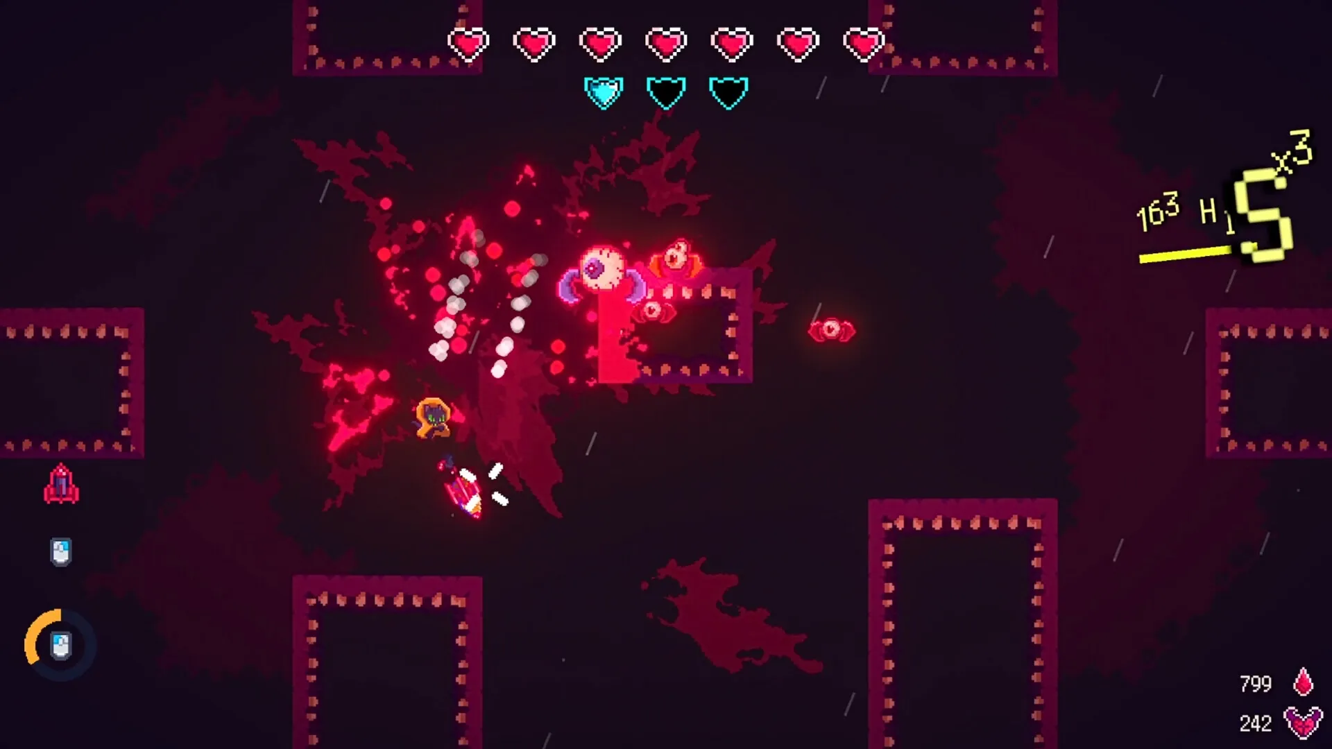 Hellbrella: Raincoat Cat battling demons in dark arena with health bar, score, and combo meter visible
