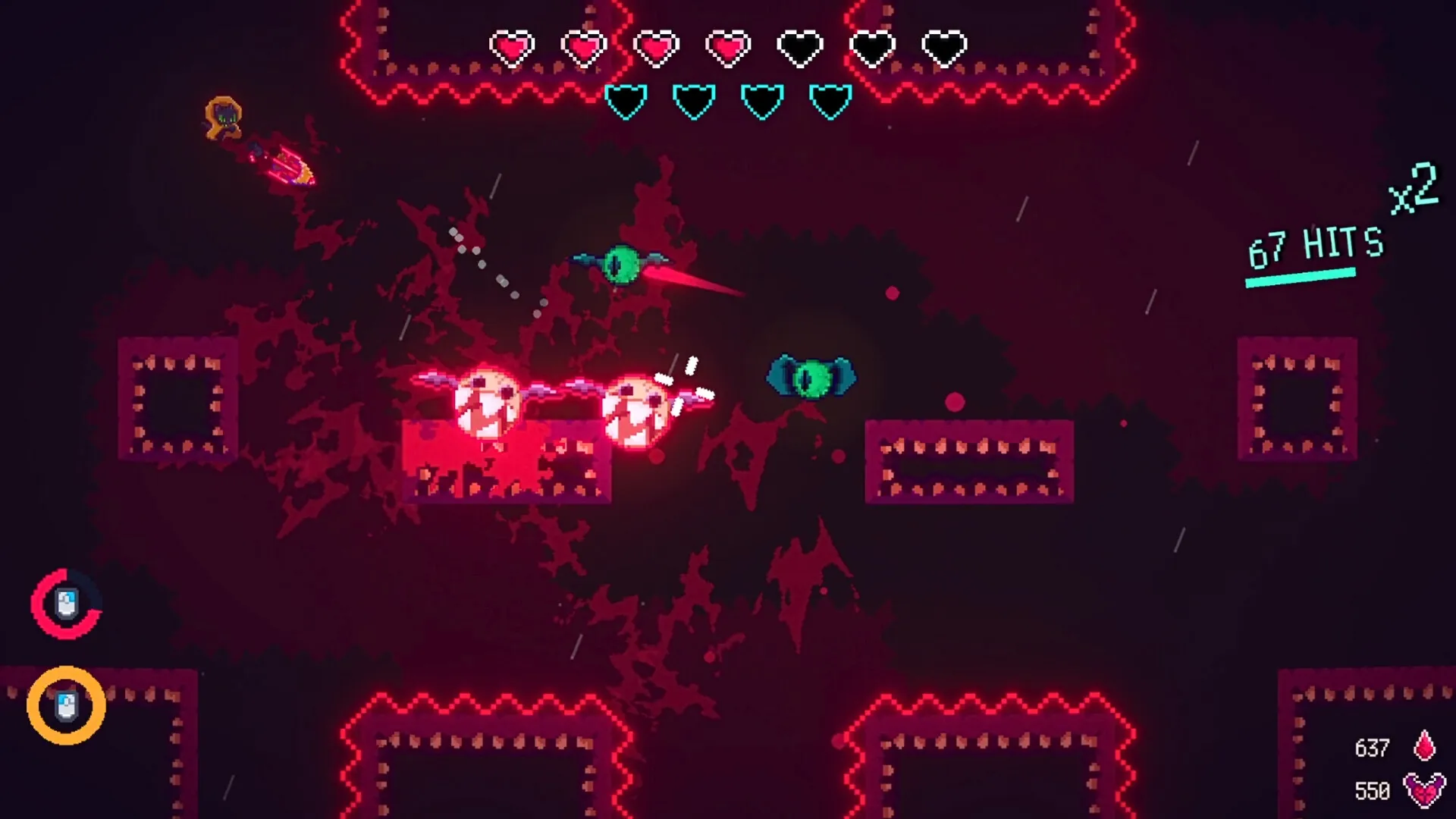 Hellbrella: Raincoat Cat battling demons in neon-lit arena with health and combo meters visible