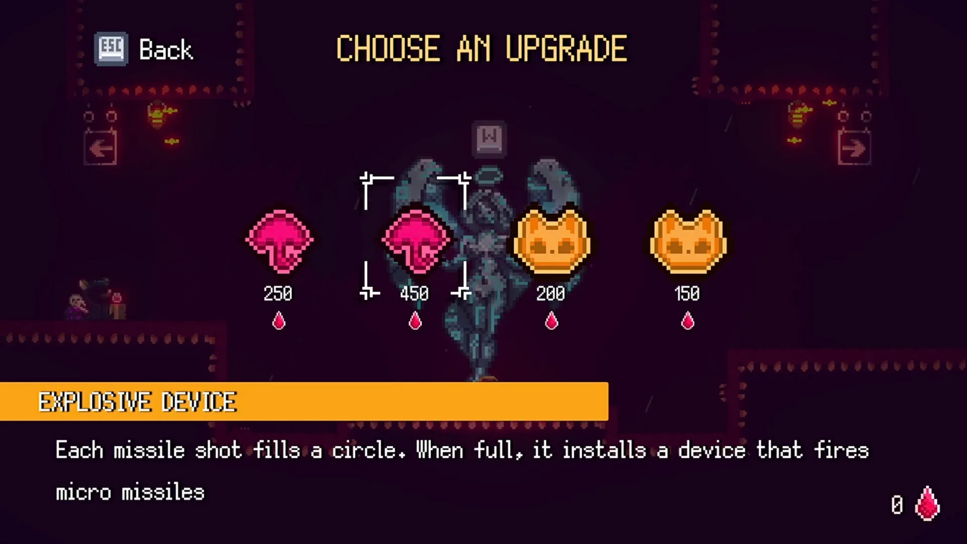 Hellbrella: Upgrade selection screen with explosive device description in a dark, pixelated cave setting.