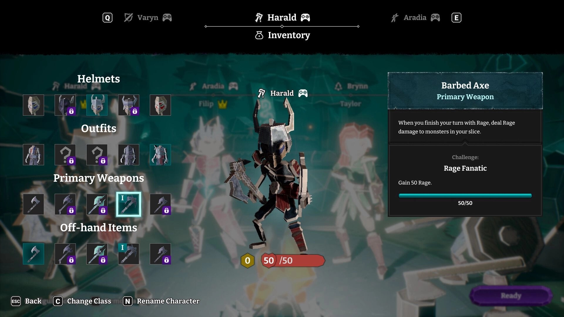 HELLCARD II: Harald inventory screen selecting Barbed Axe primary weapon in equipment menu backdrop.