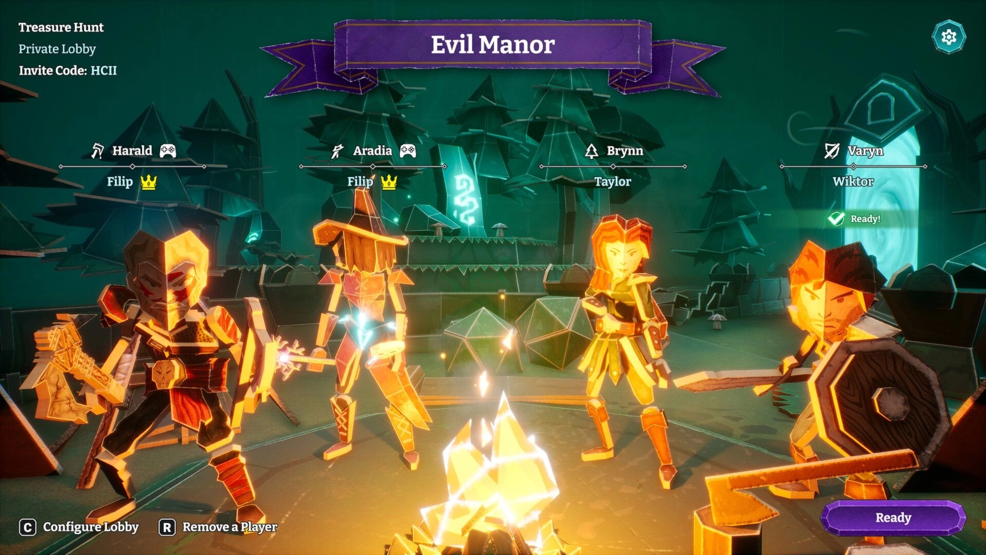 HELLCARD II: Four heroes in lobby with player names and Ready button at the Evil Manor campfire.